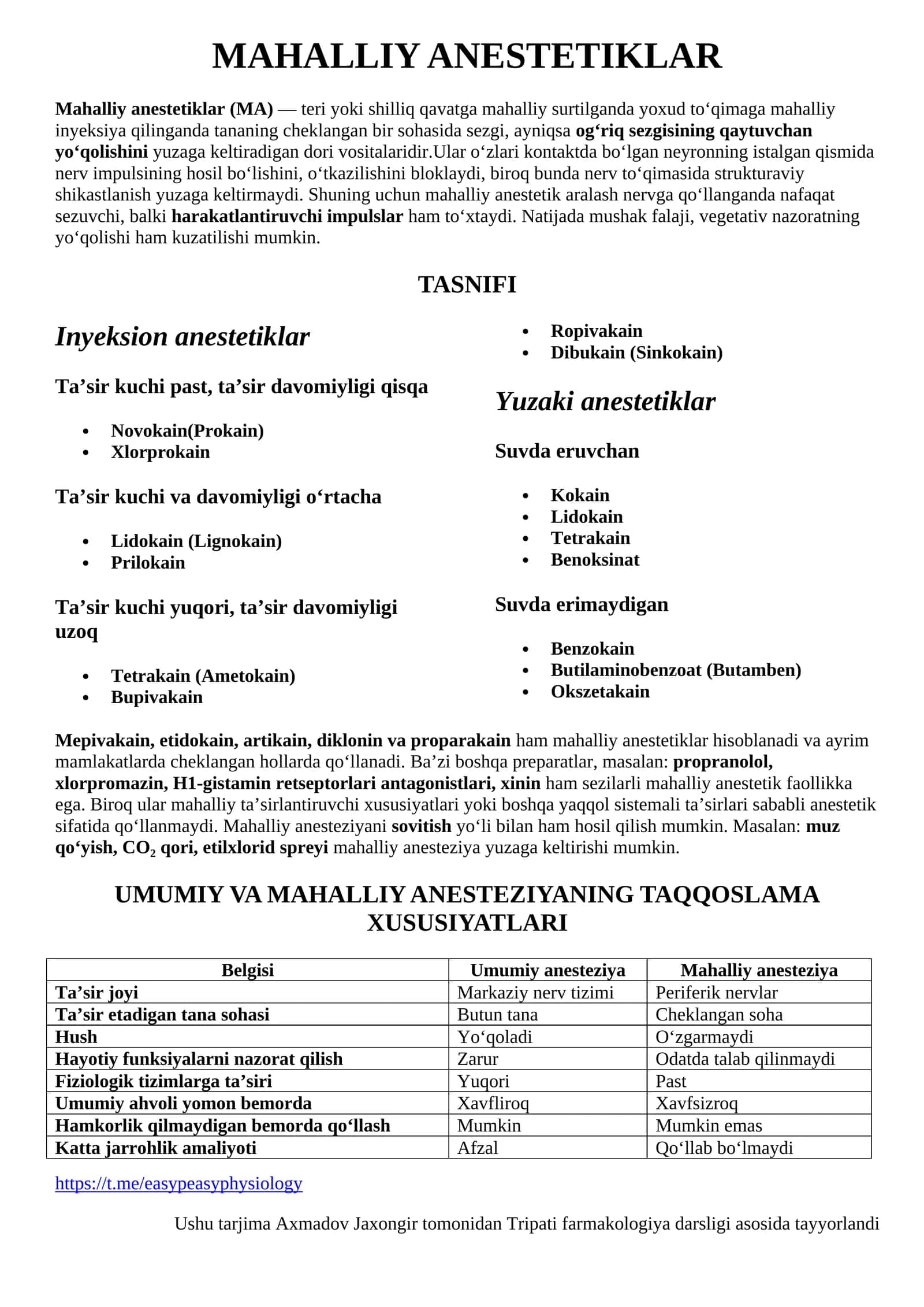MAHALLIY ANESTETIKLAR