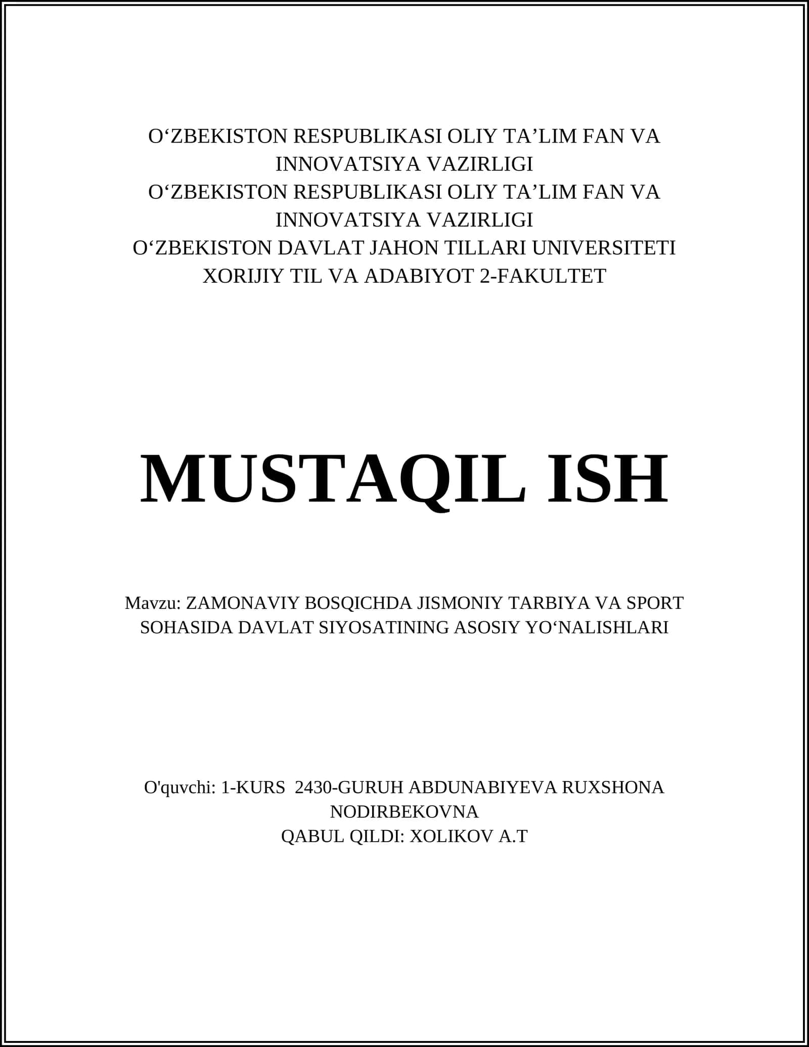 ZAMONAVIY BOSQICHDA JISMONIY TARBIYA VA SPORT SOHASIDA DAVLAT SIYOSATINING ASOSIY YOʻNALISHLARI