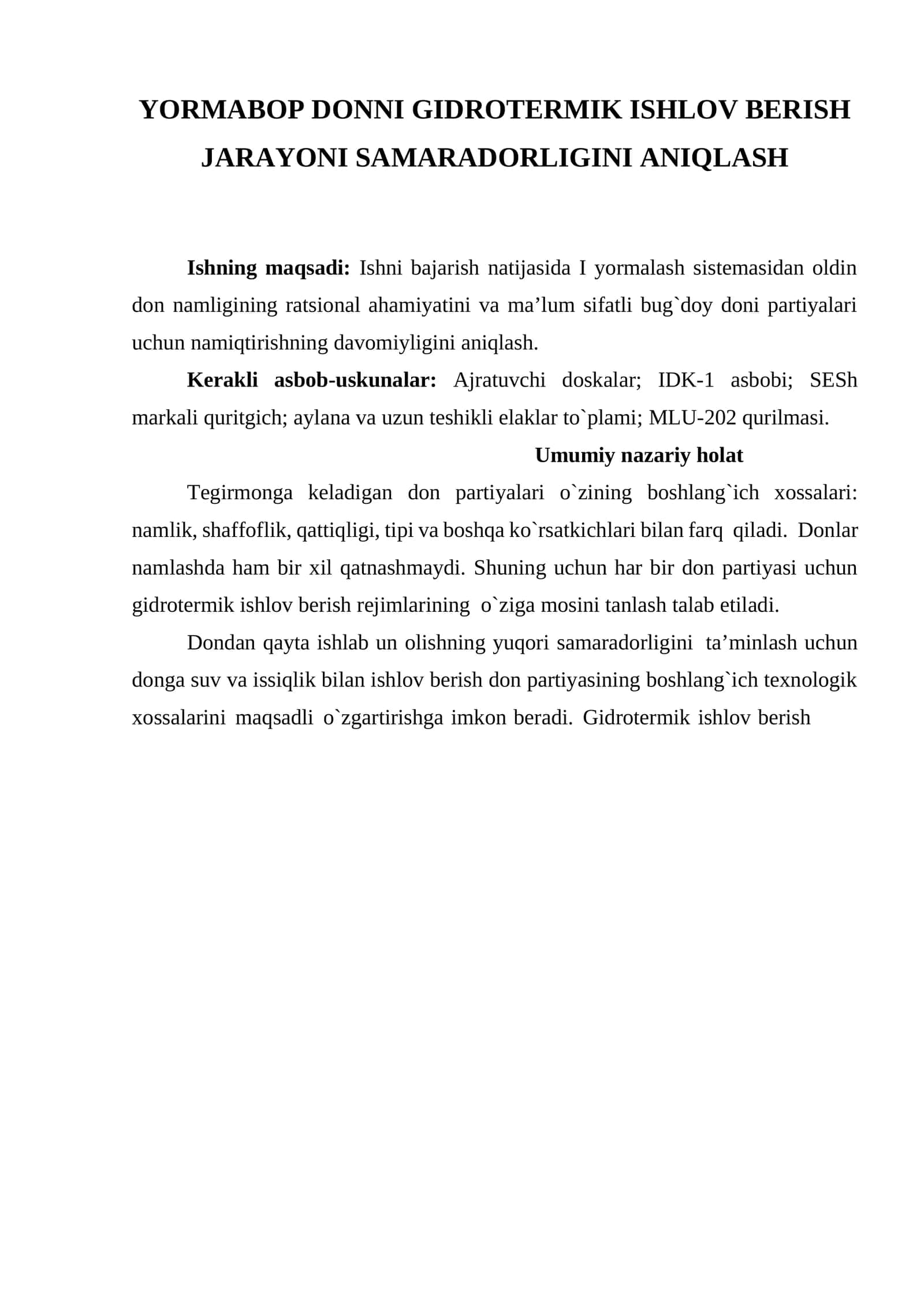 YORMABOP DONNI GIDROTERMIK ISHLOV BERISH JARAYONI SAMARADORLIGINI ANIQLASH