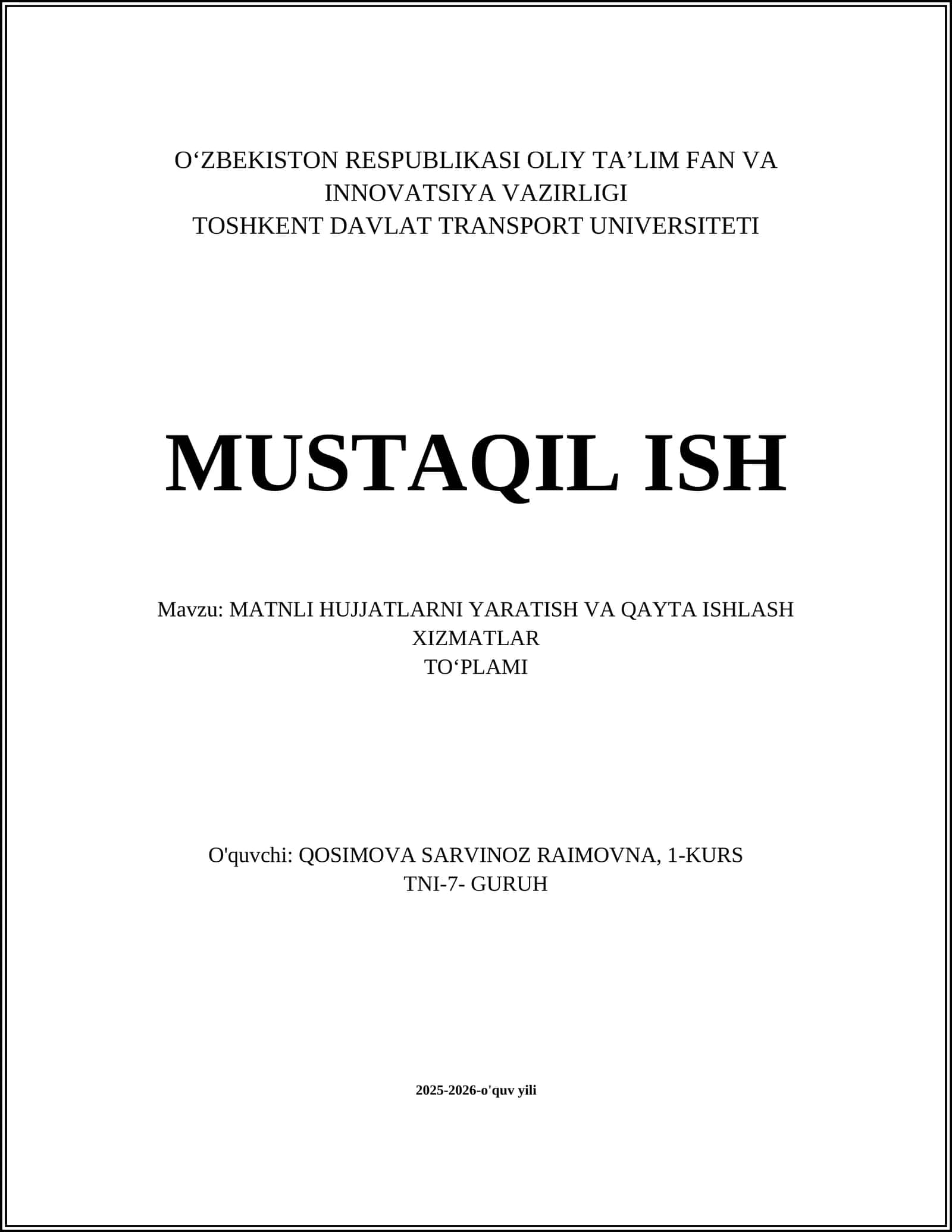 MATNLI HUJJATLARNI YARATISH VA QAYTA ISHLASH XIZMATLARI