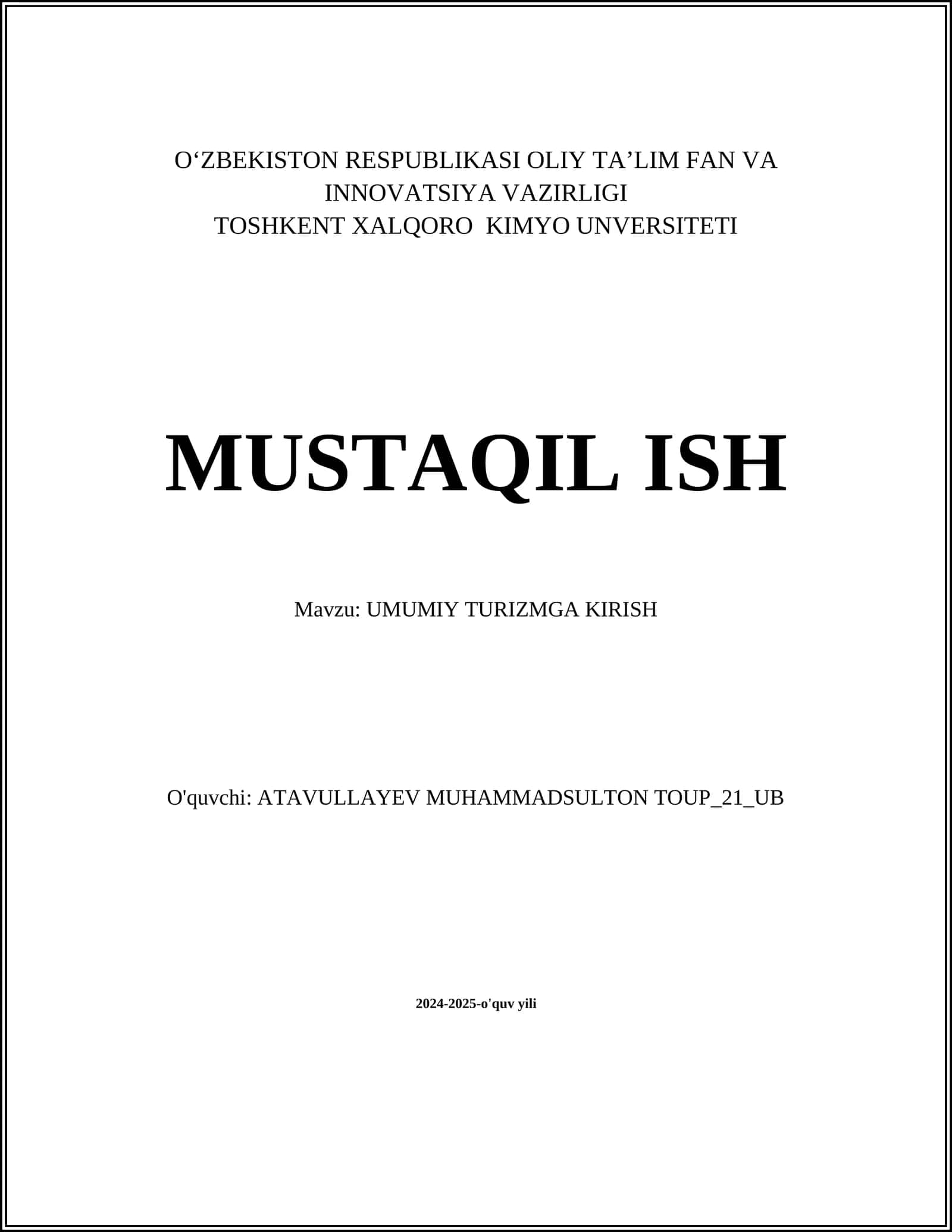 UMUMIY TURIZMGA KIRISH