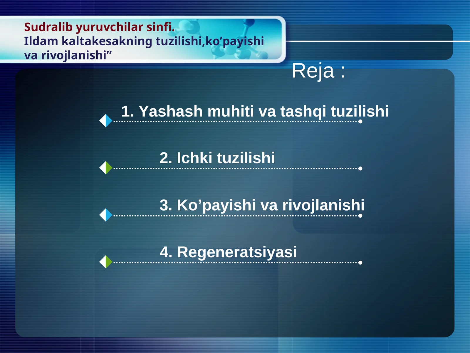 Sudralib yuruvchilar sinfi.Ildam kaltakesakning tuzilishi,ko’payishi va rivojlanishi