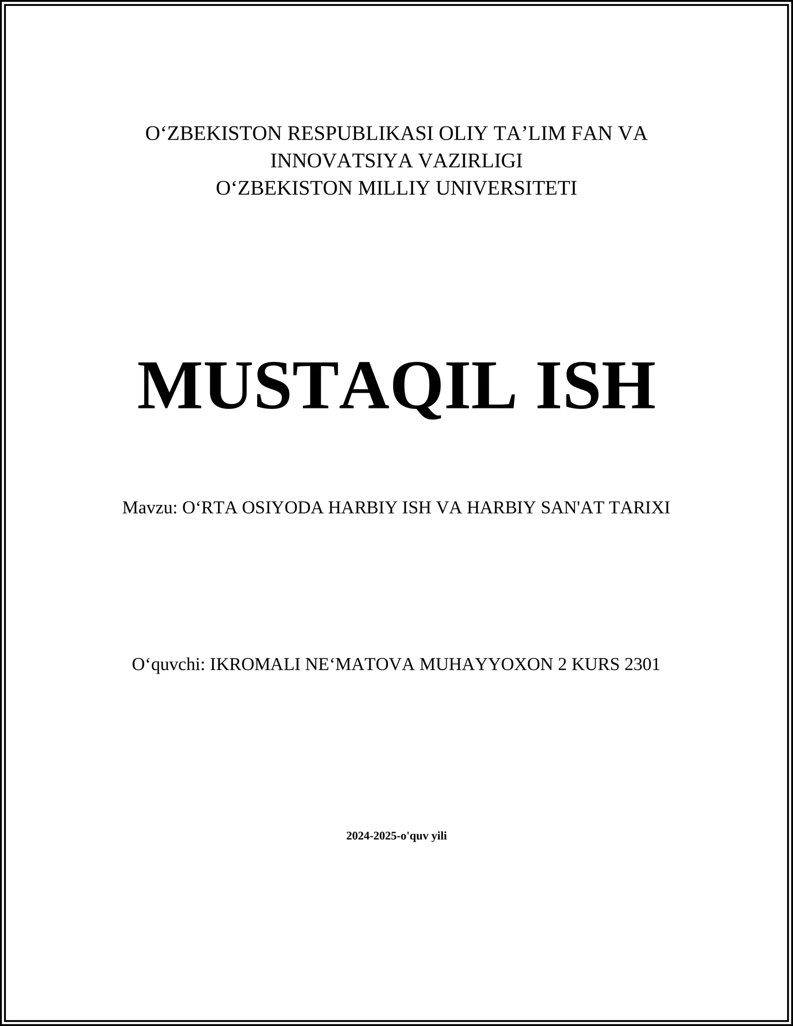 Oʻrta Osiyoda Harbiy Ish va Harbiy San'at Tarixi