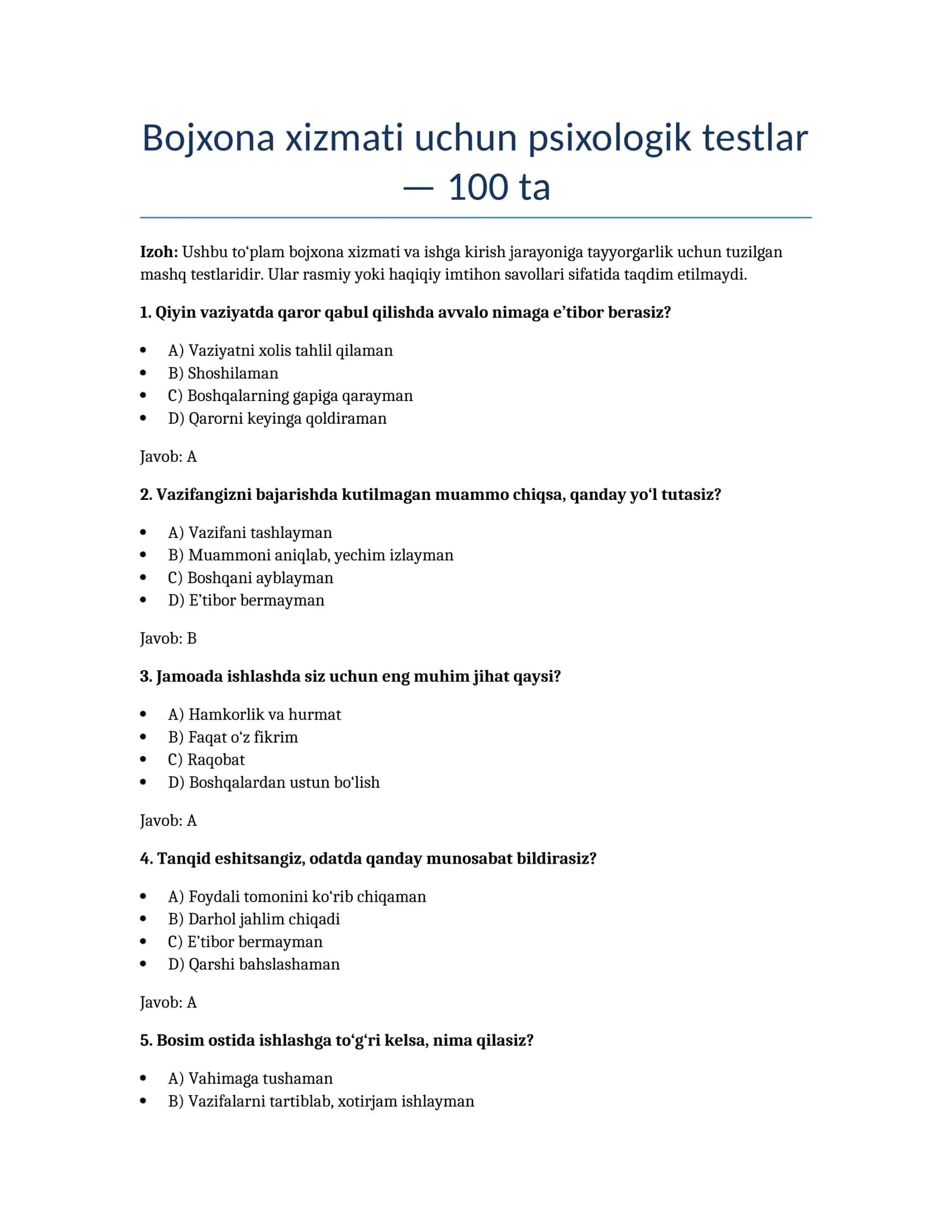 Bojxona xizmati uchun psixologik testlar