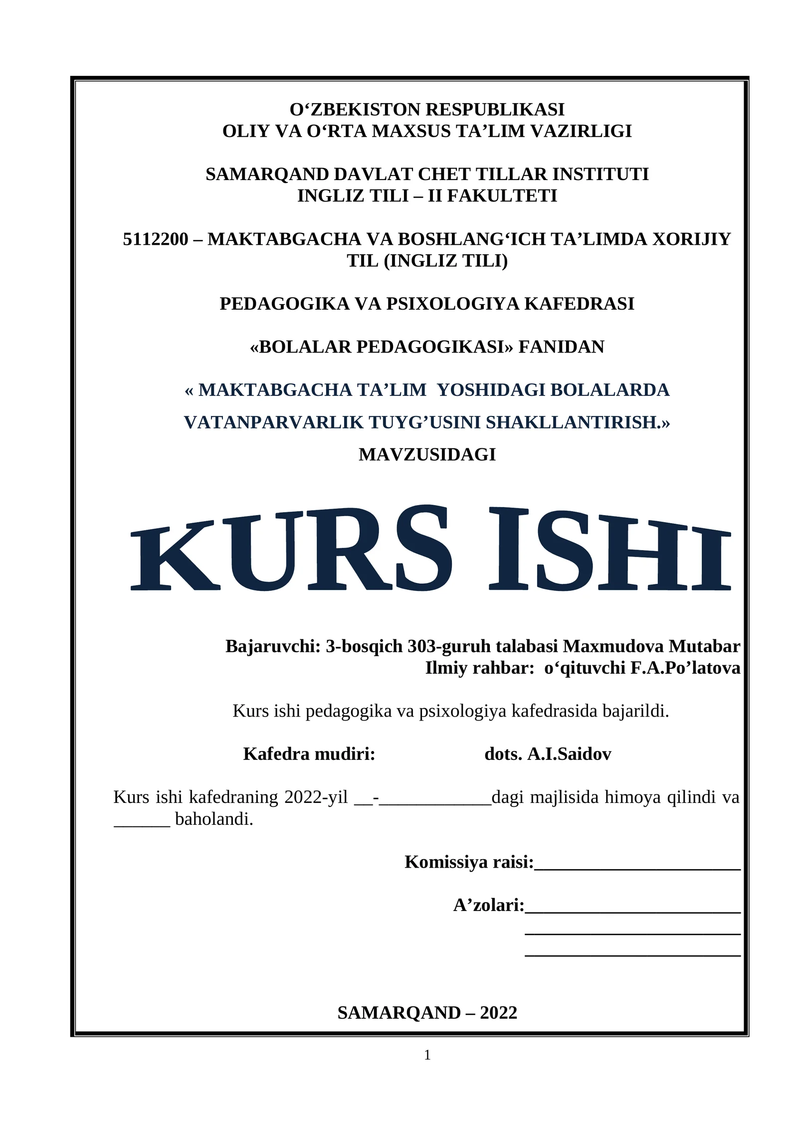 MAKTABGACHA TA’LIM YOSHIDAGI BOLALARDA VATANPARVARLIK TUYG’USINI SHAKLLANTIRISH