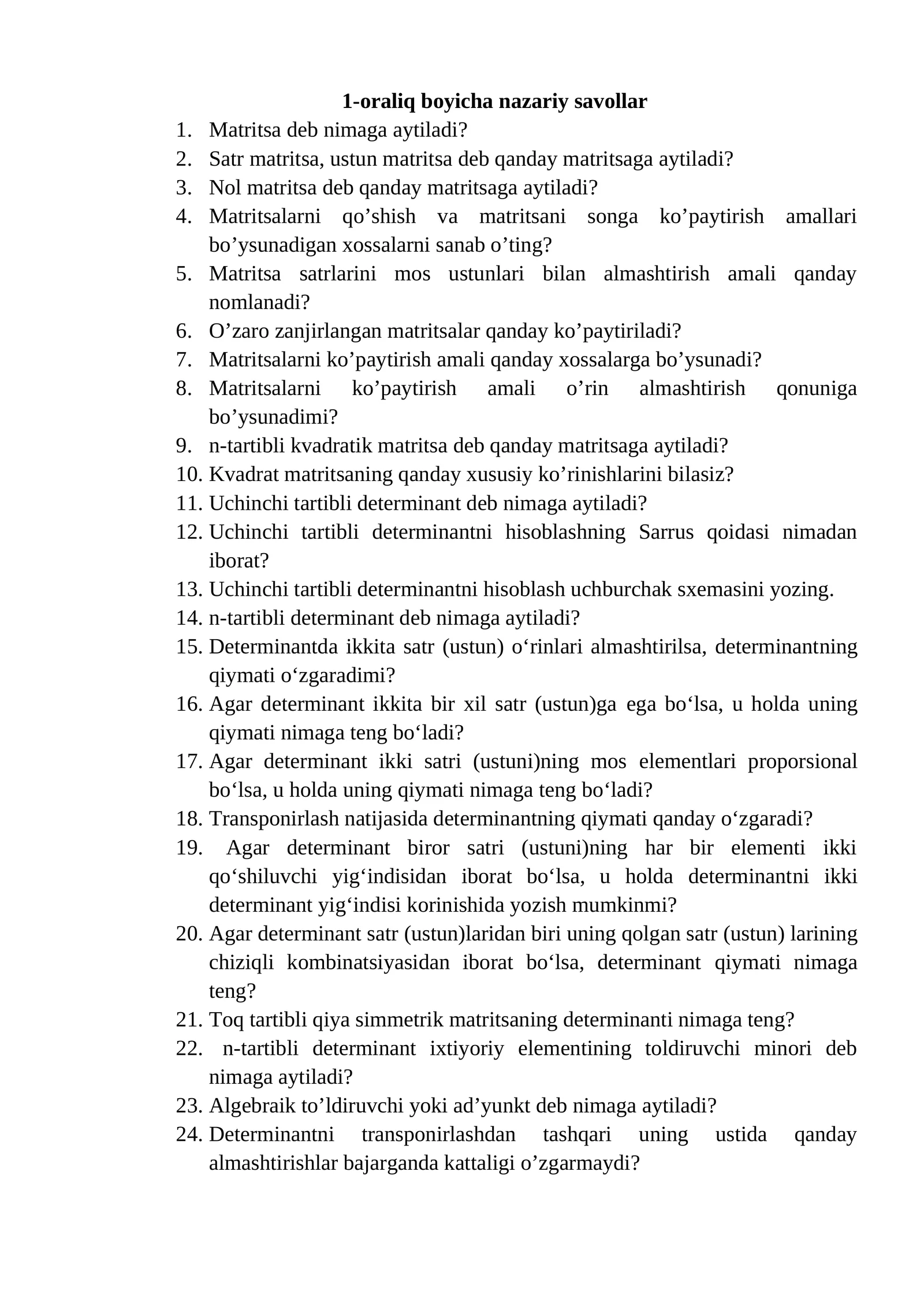 n-tartibli matritsalarning xossalari