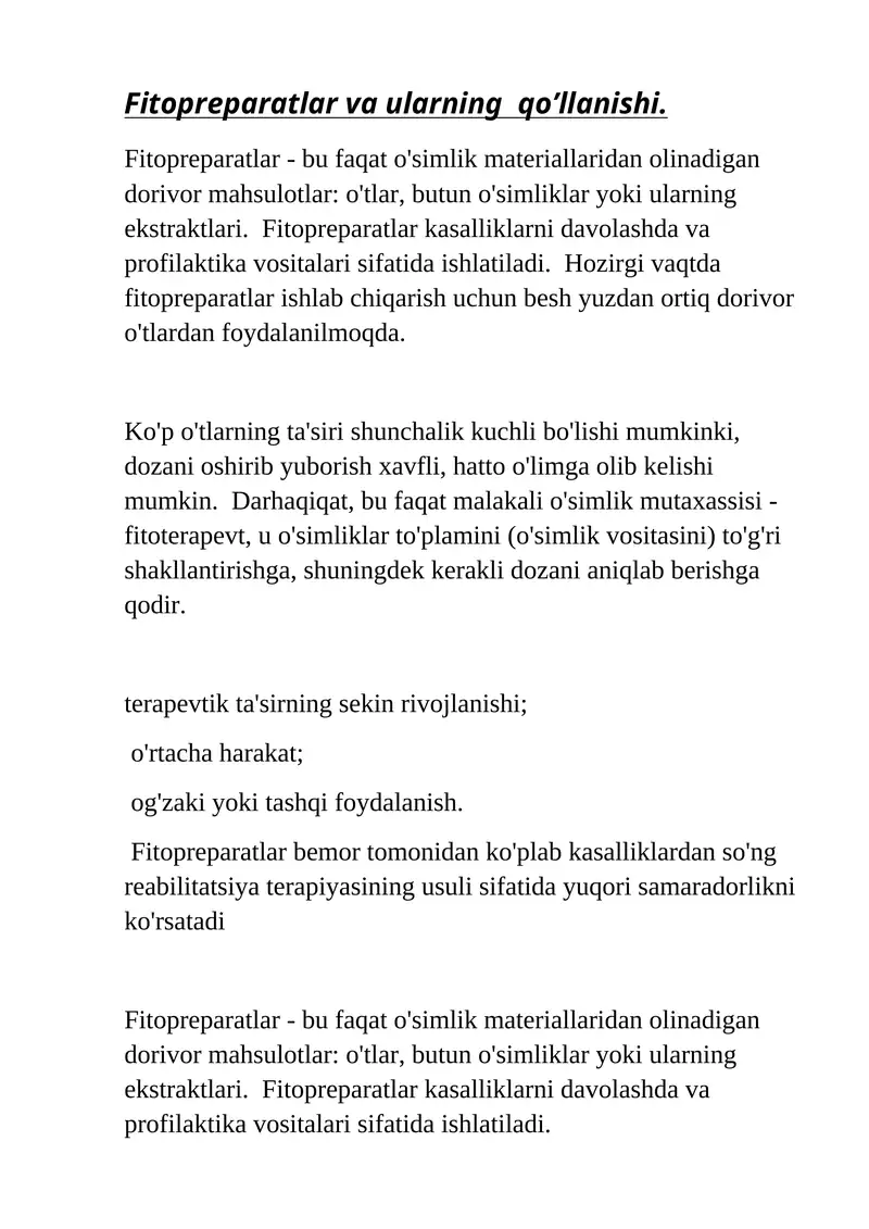 Fitopreparatlar va ularning qo’llanishi