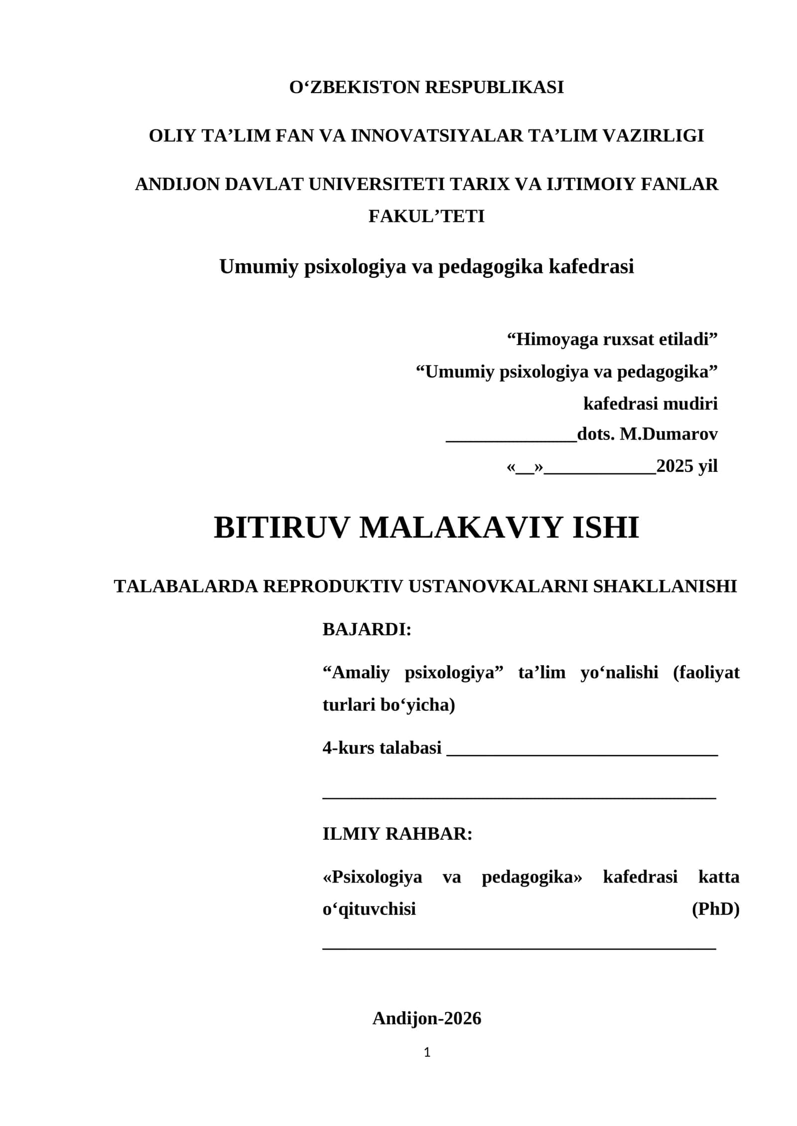 TALABALARDA REPRODUKTIV USTANOVKALARNI SHAKLLANISHI
