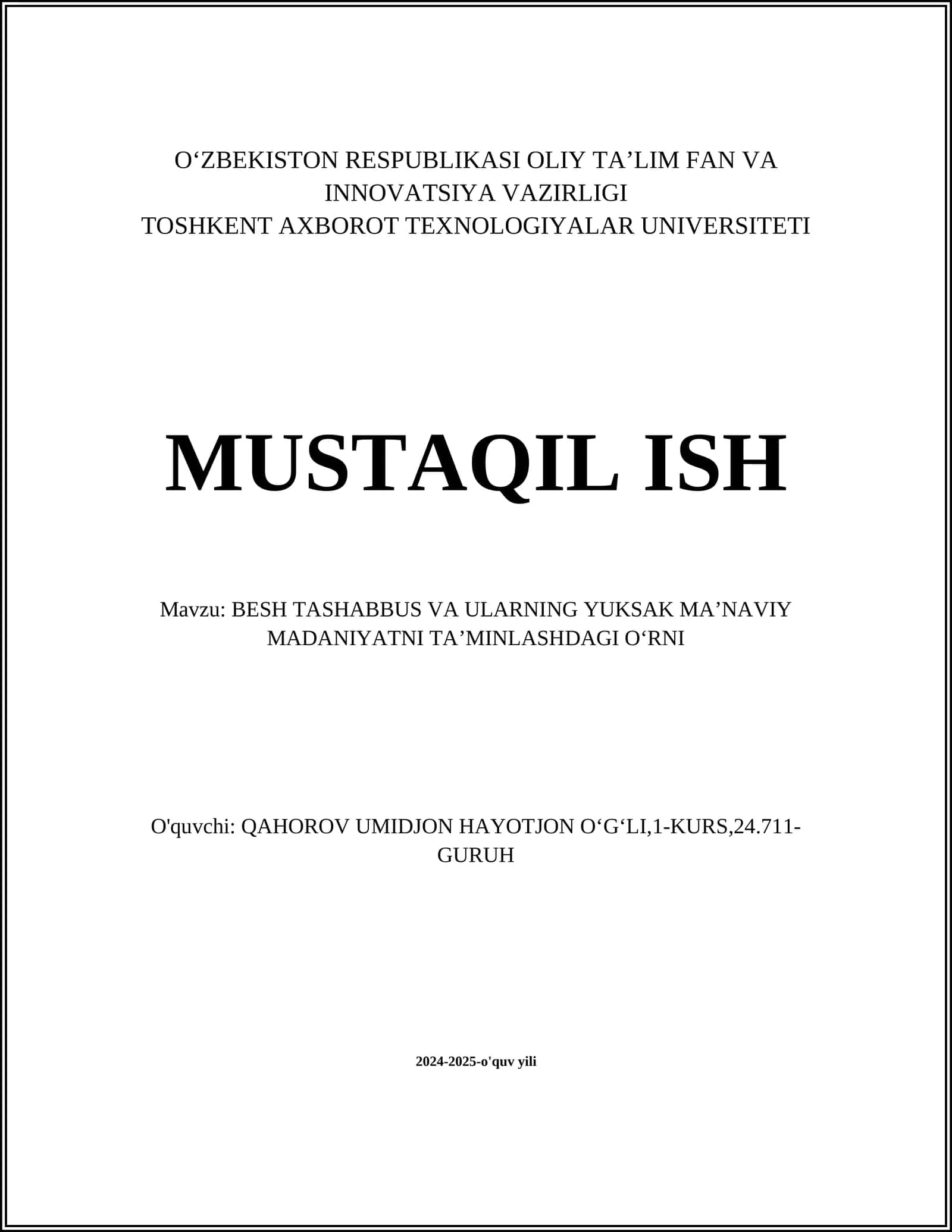 Besh Tashabbus va Ularning Yuksak Ma'naviy Madaniyatni Ta'minlashdagi O'rni