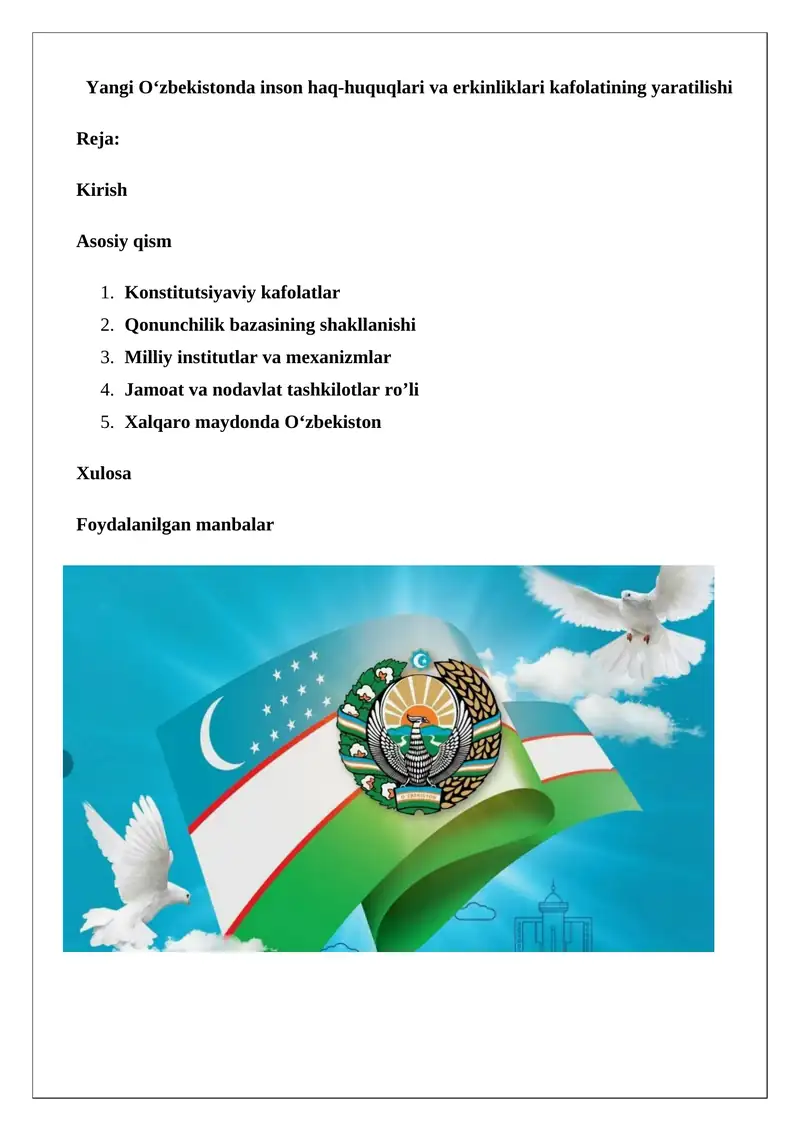 Yangi O‘zbekistonda inson haq-huquqlari va erkinliklari kafolatining yaratilishi