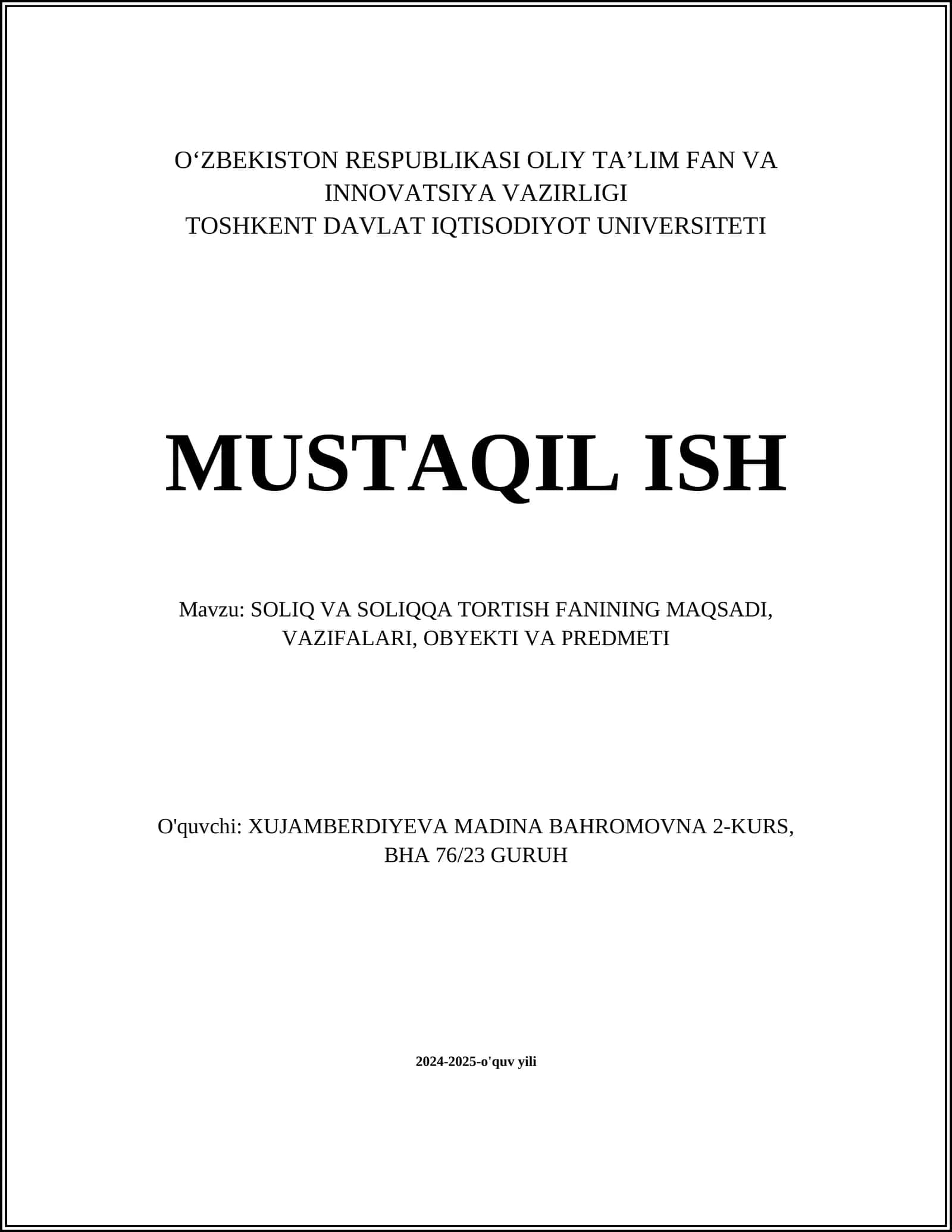 SOLIQ VA SOLIQQA TORTISH FANINING MAQSADI, VAZIFALARI, OBYEKTI VA PREDMETI
