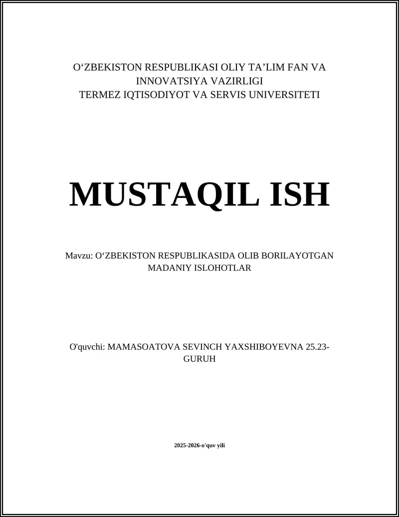 Oʻzbekiston Respublikasida Olib Borilayotgan Madaniy Islohotlar