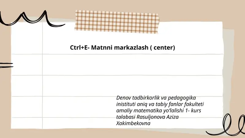 - Tags (comma-separated): amaliy matematika, talaba, Denov instituti, Rasuljonova Aziza, Ctrl+E, matnni markazlash