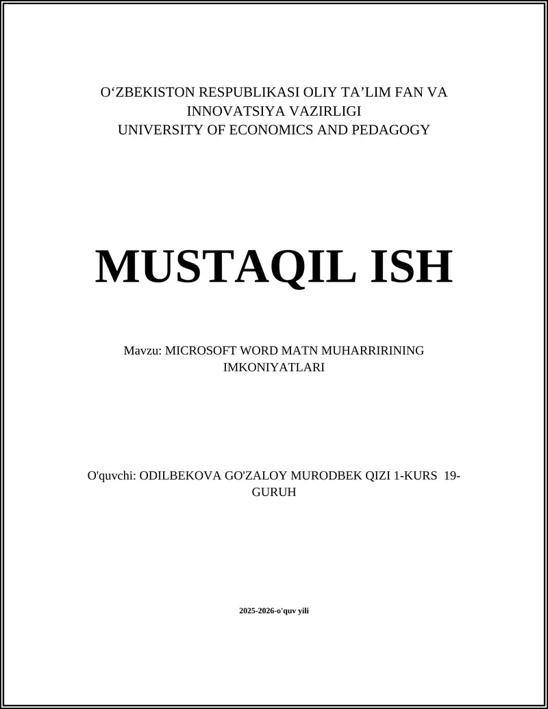 MICROSOFT WORD MATN MUHARRIRINING IMKONIYATLARI