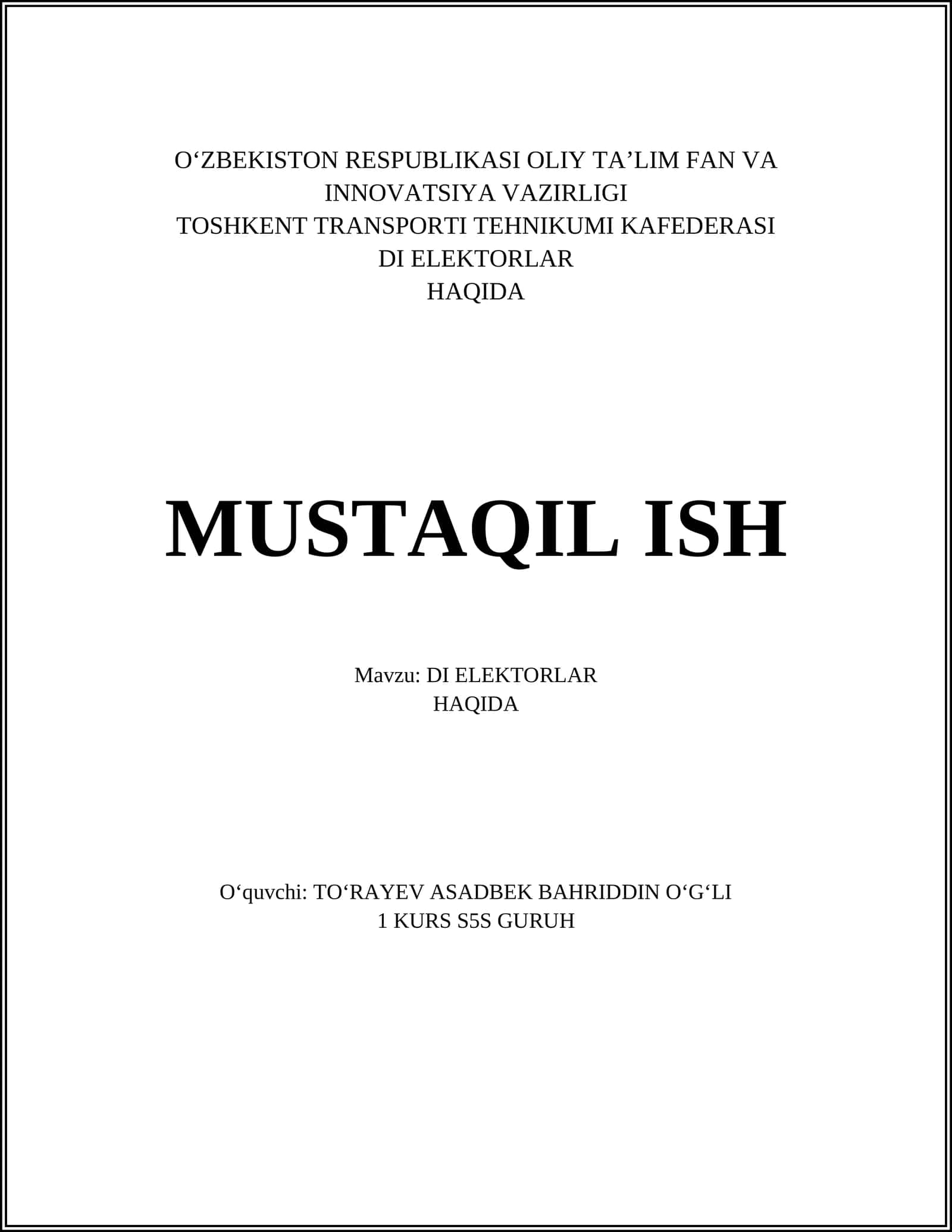 DI ELEKTORLAR HAQIDA MUSTAQIL ISH