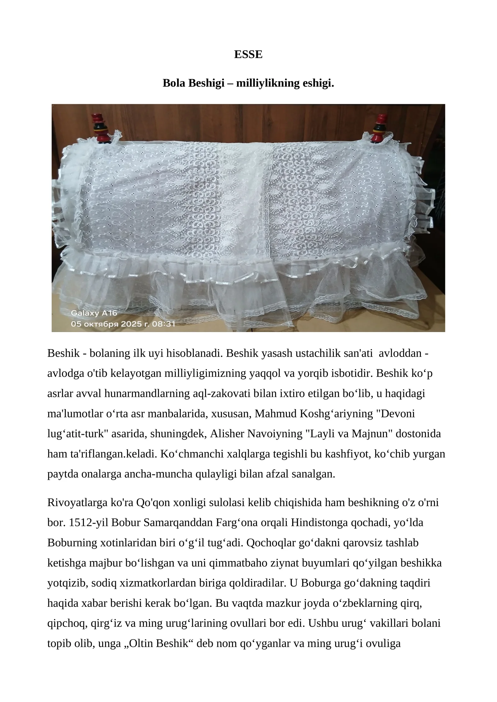Bola Beshigi – milliylikning eshigi. mavzusida maruza