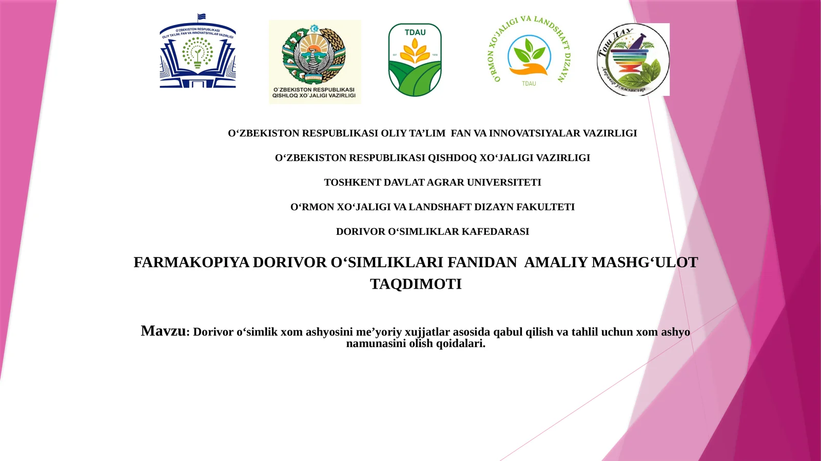 Dorivor o‘simlik xom ashyosini me’yoriy xujjatlar asosida qabul qilish va tahlil uchun xom ashyo namunasini olish qoidalari.