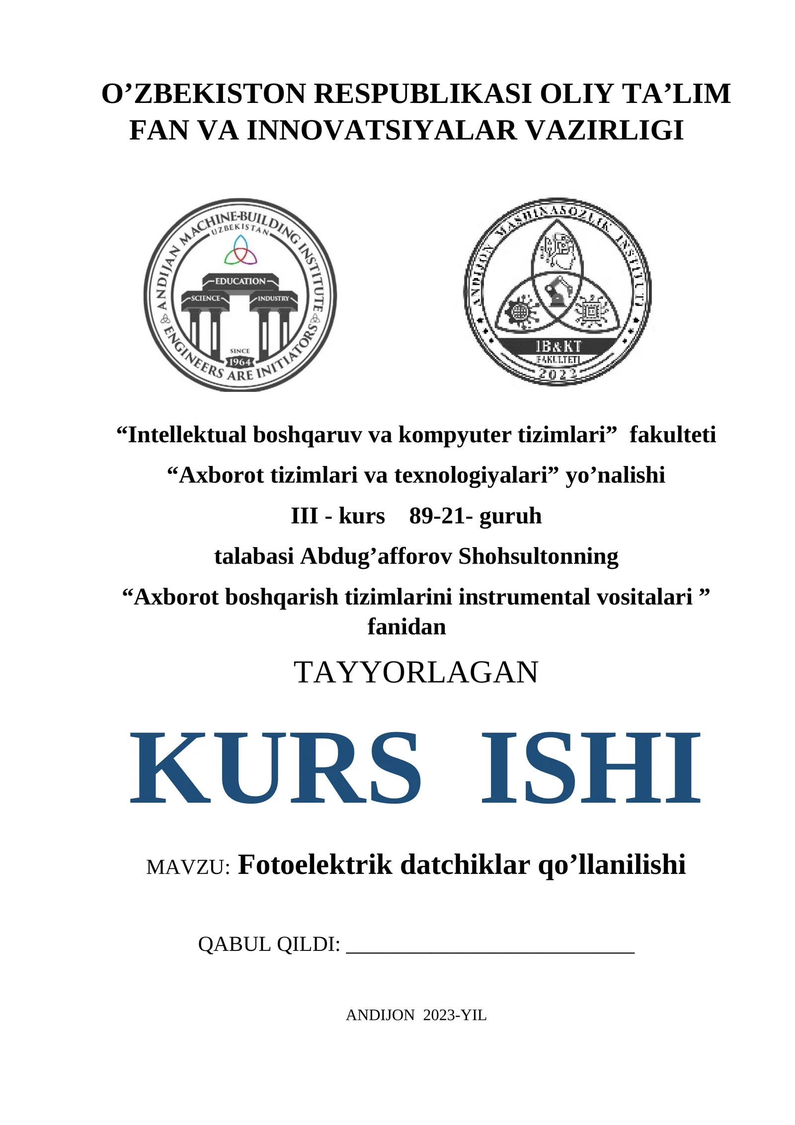 KURS ISHI: Fotoelektrik datchiklar qo'llanilishi