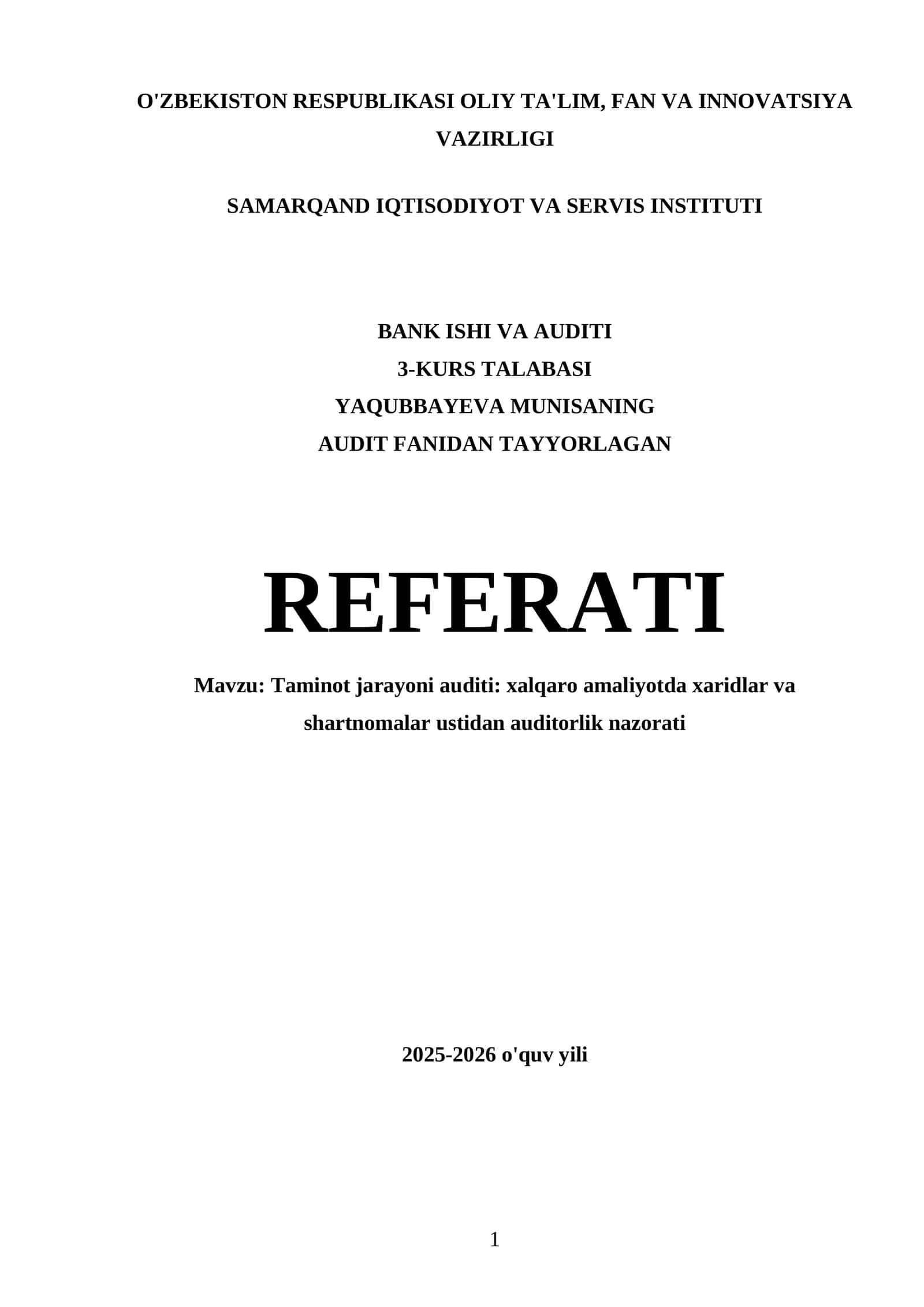 Audit fanidan tayyorlagan referat