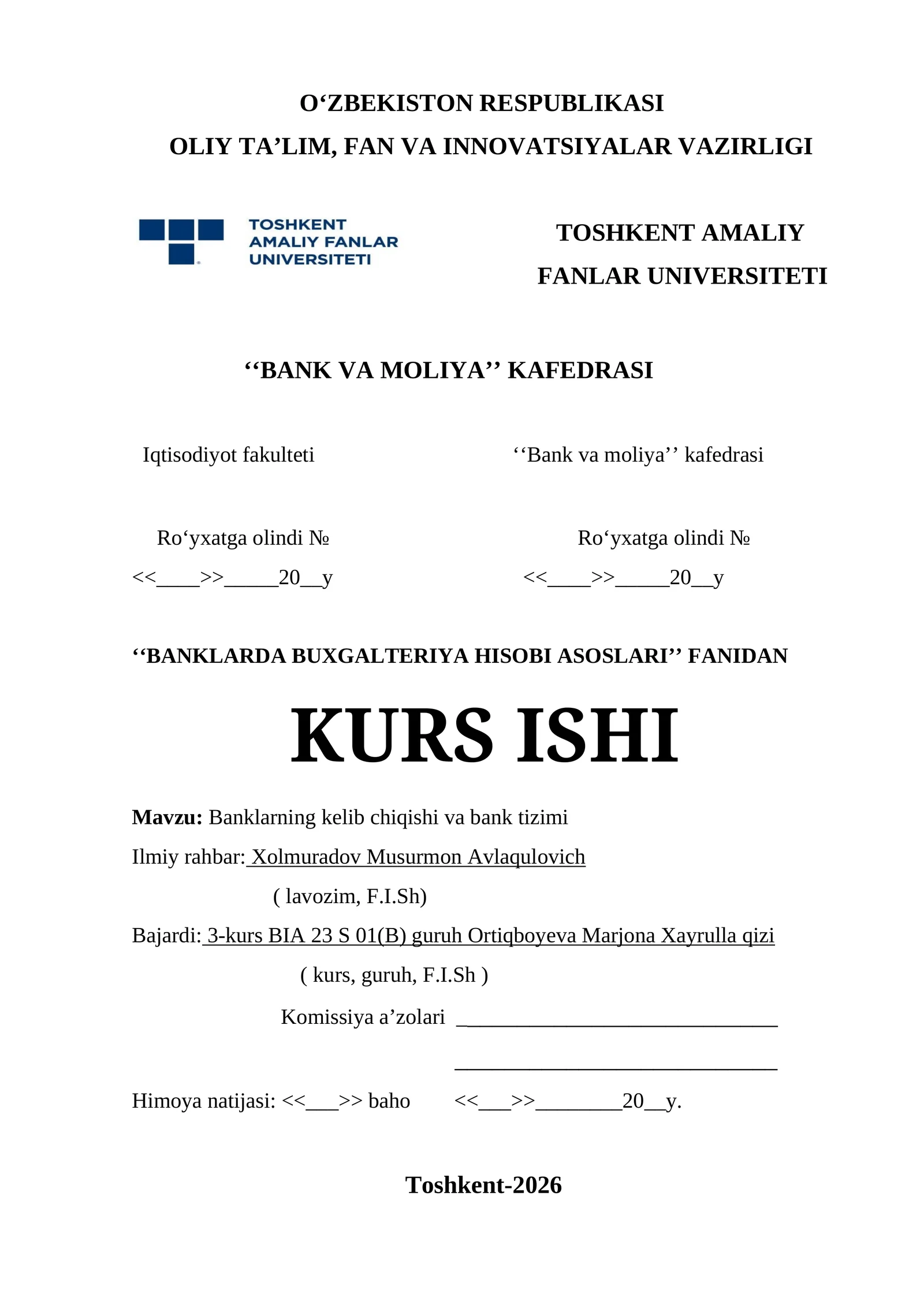 Banklarda Buxgalteriya Hisobi Asoslari Kurs Ishi