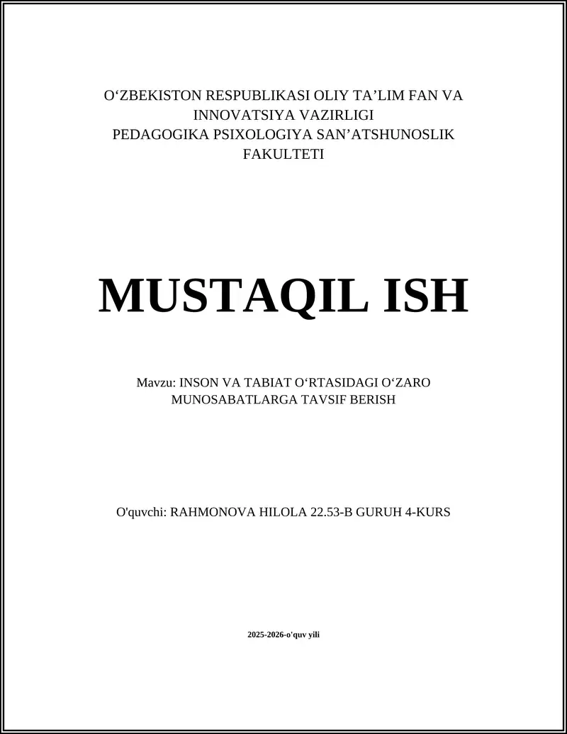 INSON VA TABIAT OʻRTASIDAGI OʻZARO MUNOSABATLARGA TAVSIF BERISH