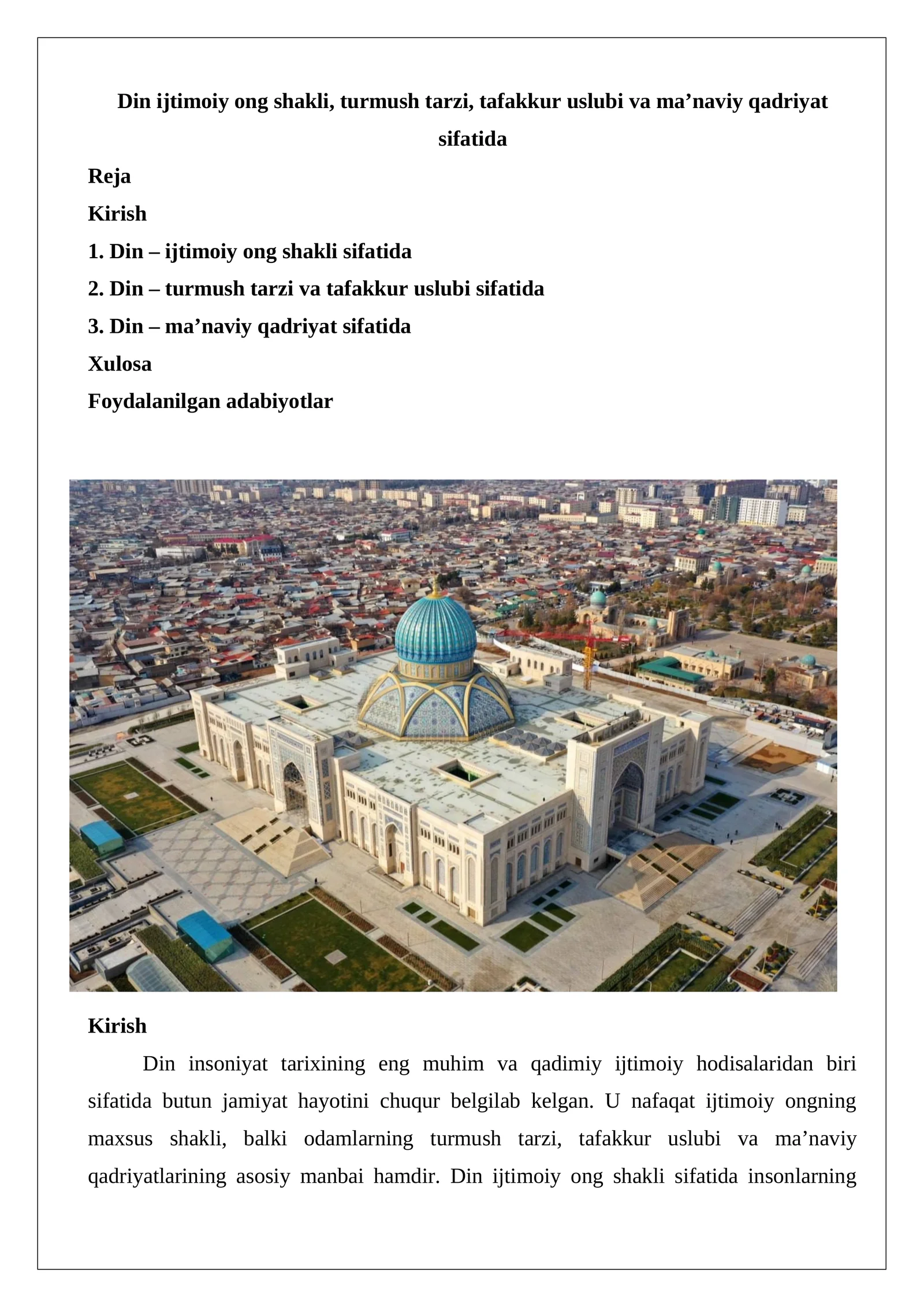 Din ijtimoiy ong shakli, turmush tarzi, tafakkur uslubi va ma’naviy qadriyat sifatida