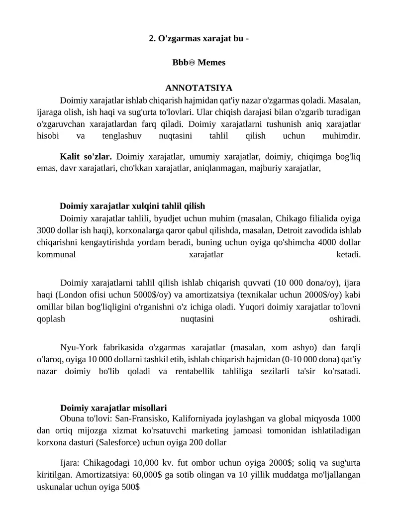 Doimiy xarajatlar xulqini tahlil qilish