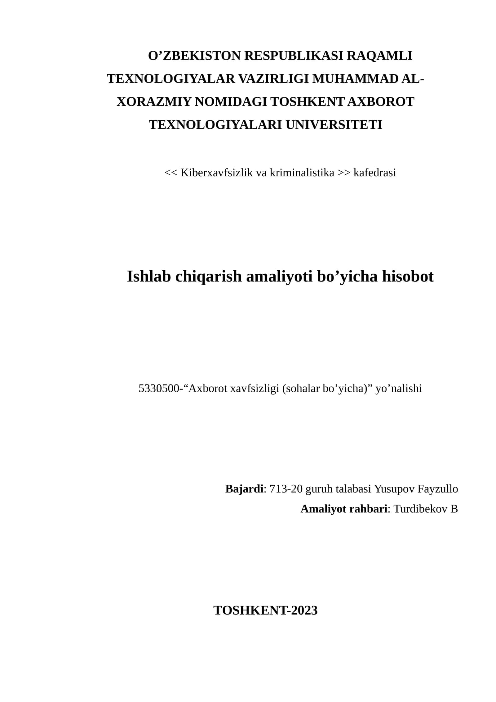 Axborot xavfsizligi (sohalar bo’yicha) yo’nalishi