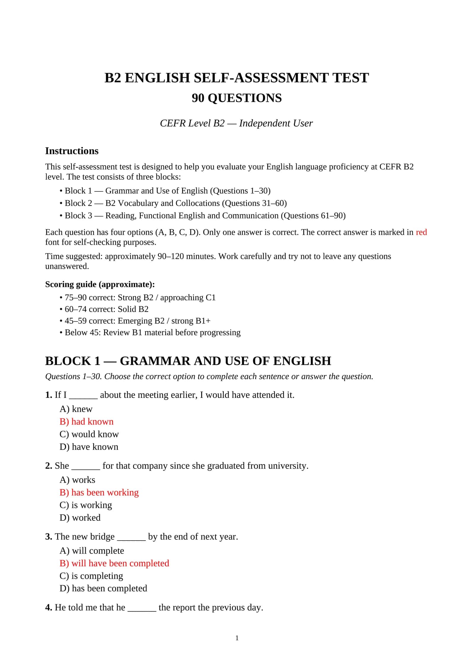 B2 ENGLISH SELF-ASSESSMENT TEST
