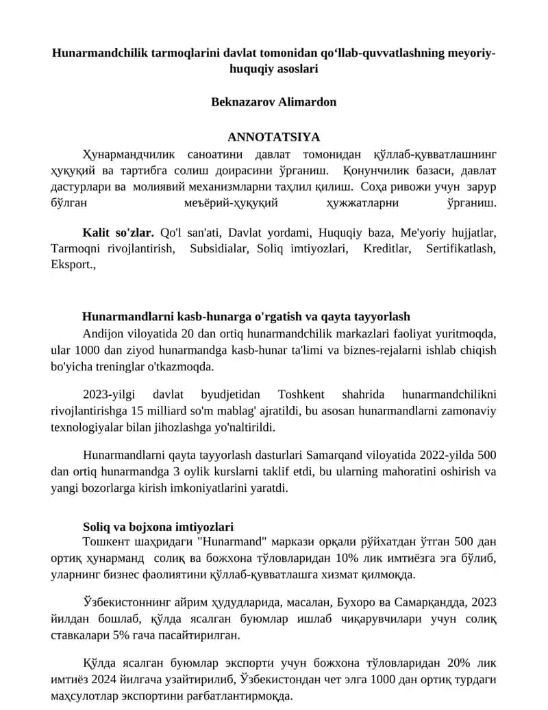 Hunarmandchilik tarmoqlarini davlat tomonidan qoʻllab-quvvatlashning meyoriy-huquqiy asoslari