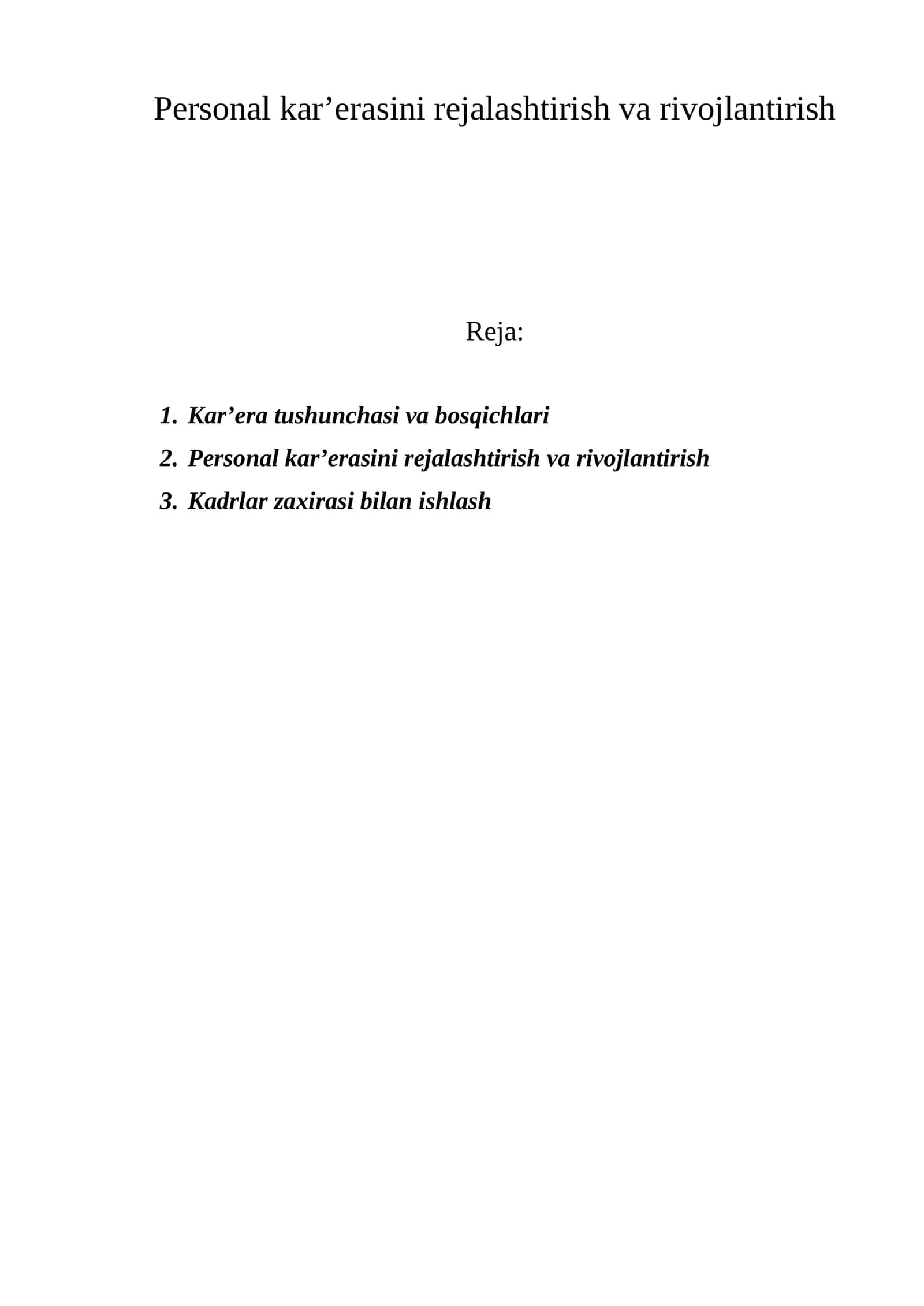Personal kar’erasini rejalashtirish va rivojlantirish