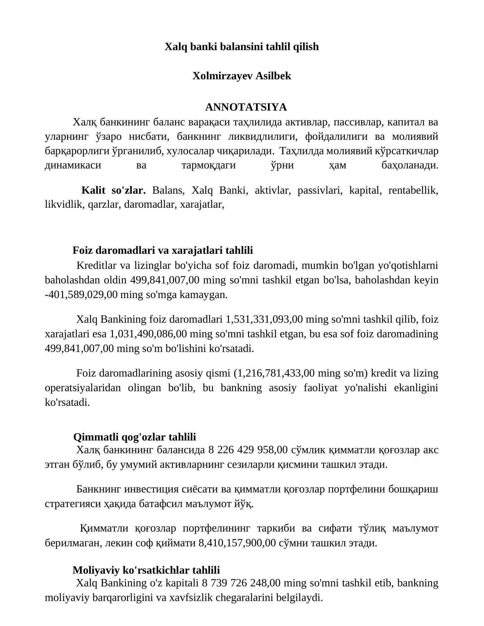 Xalq banki balansini tahlil qilish