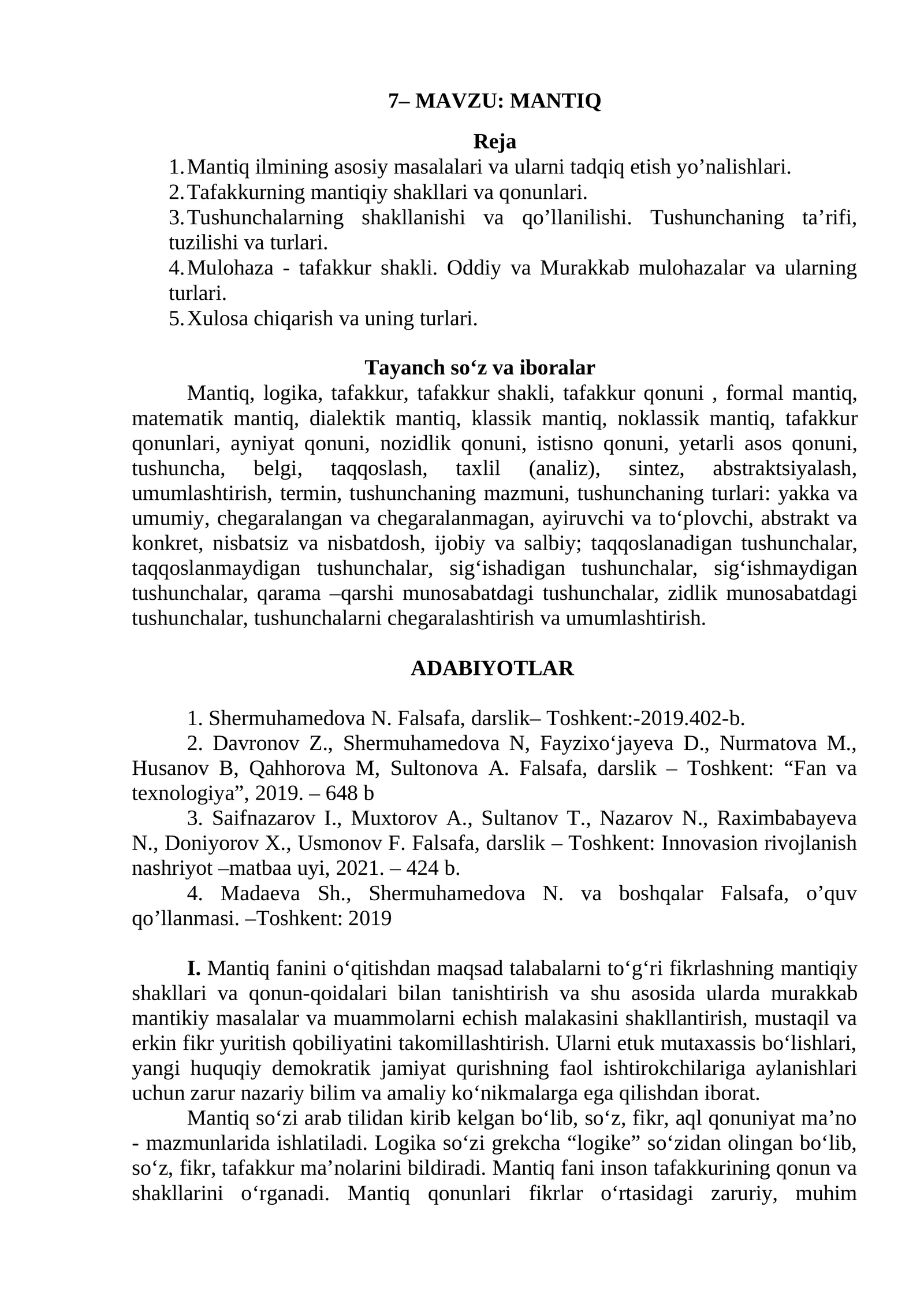 MАVZU: MANTIQ