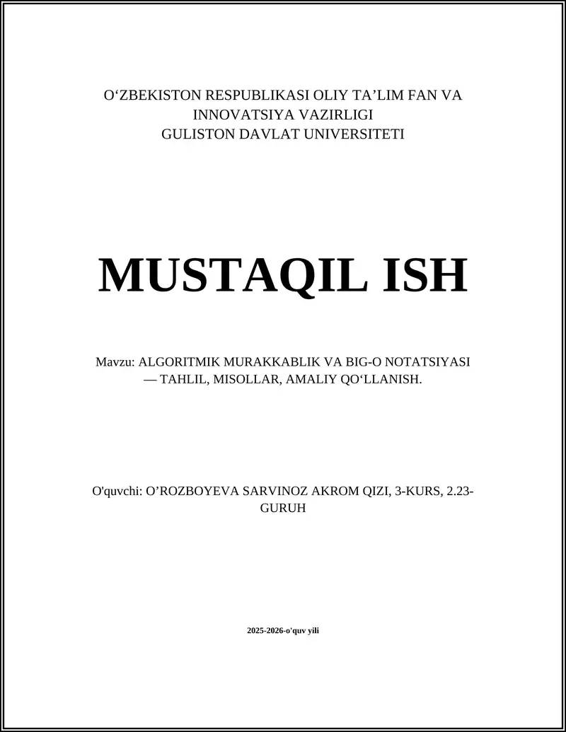 ALGORITMIK MURAKKABLIK VA BIG-O NOTATSIYASI