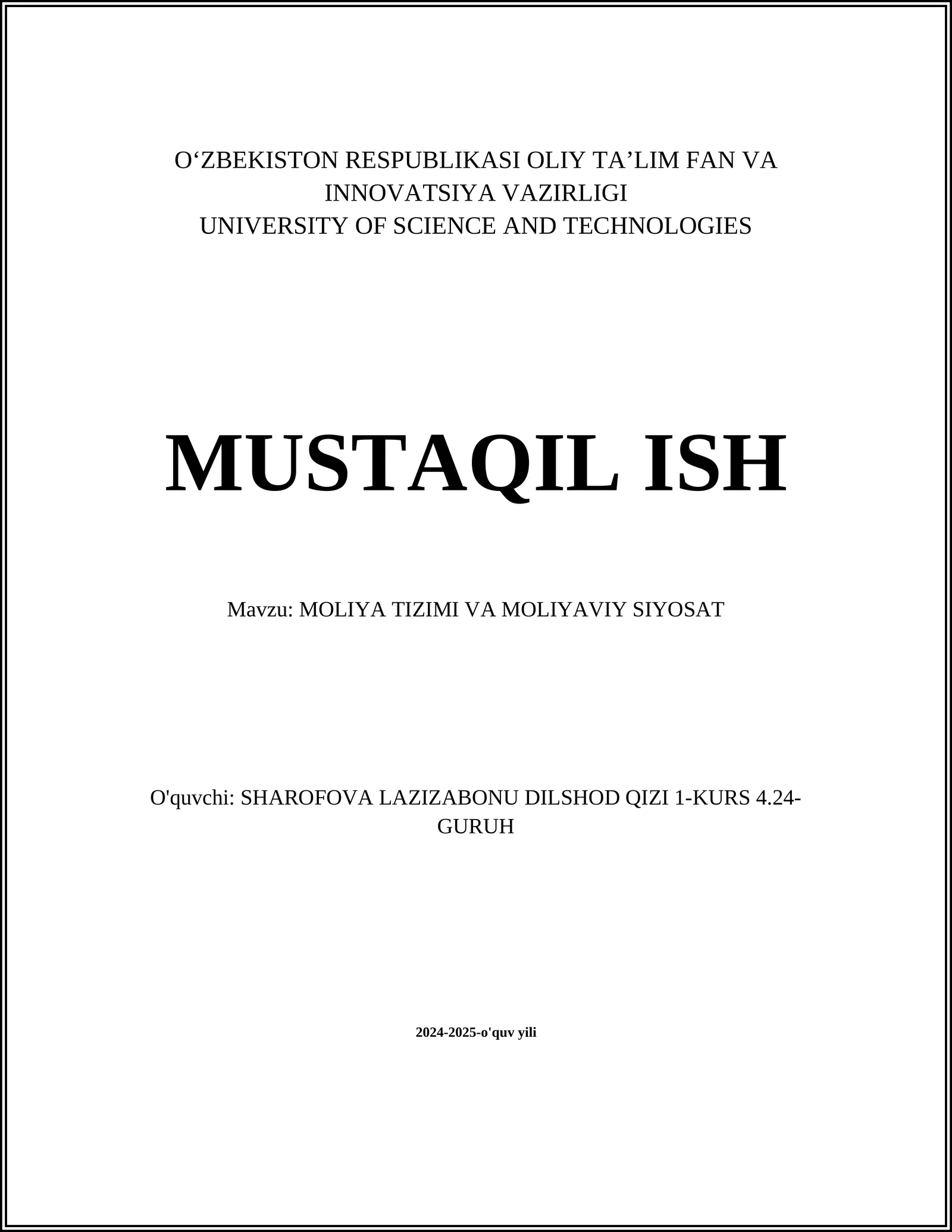 Moliya Tizimi va Moliyaviy Siyosat