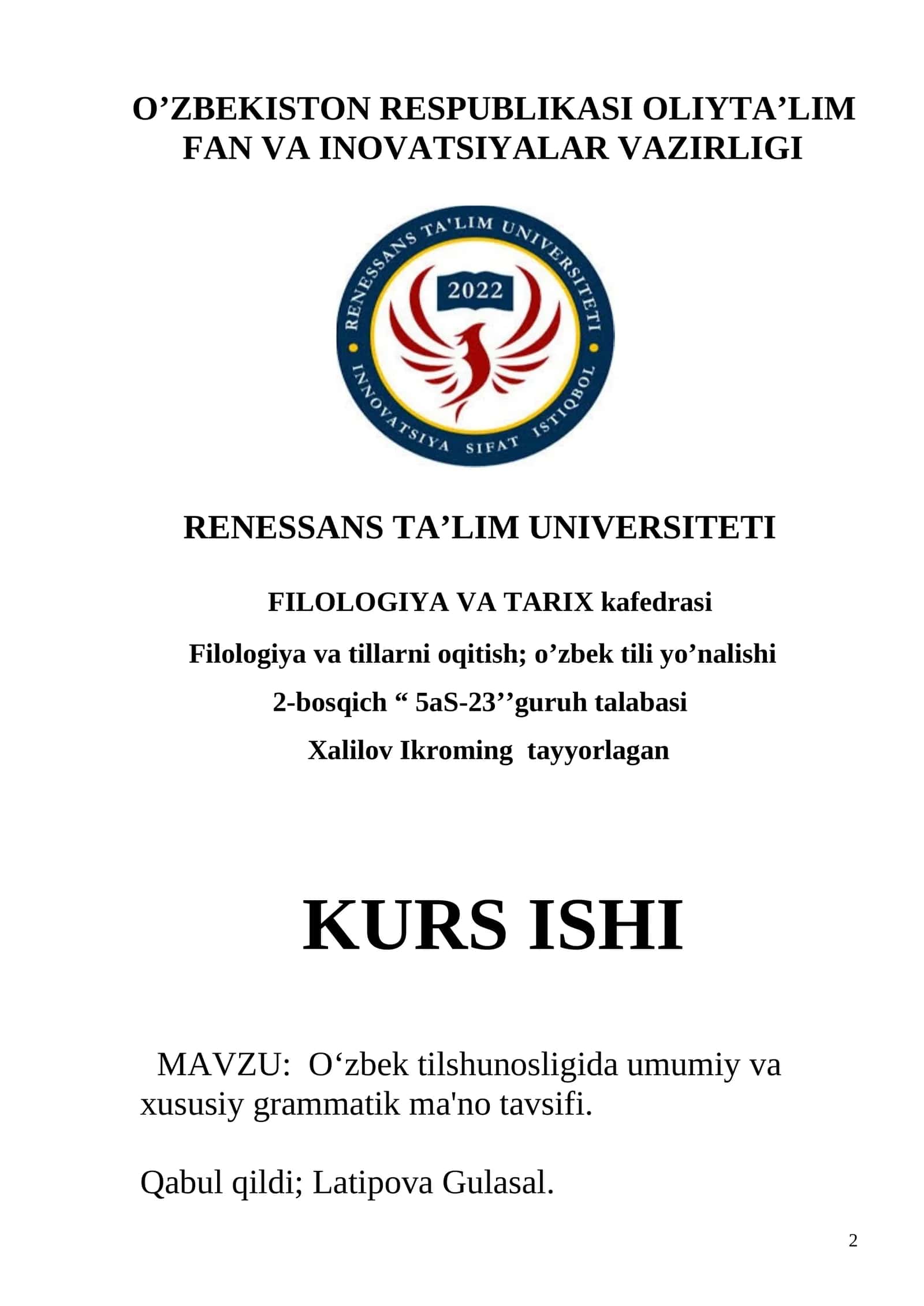 O‘zbek tilshunosligida umumiy va xususiy grammatik ma'no tavsifi