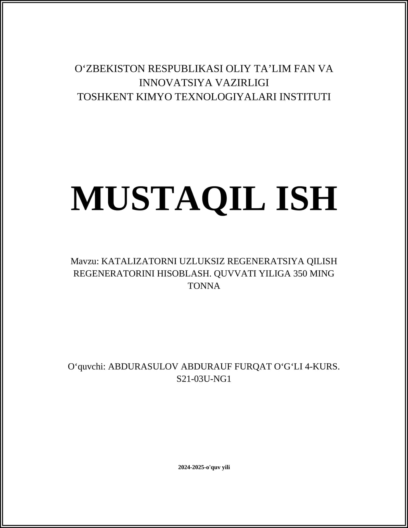 KATALIZATORNI UZLUKSIZ REGENERATSIYA QILISH REGENERATORINI HISOBLASH