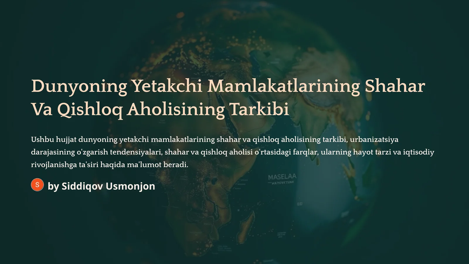 Dunyoning Yetakchi Mamlakatlarining Shahar Va Qishloq Aholisining Tarkibi