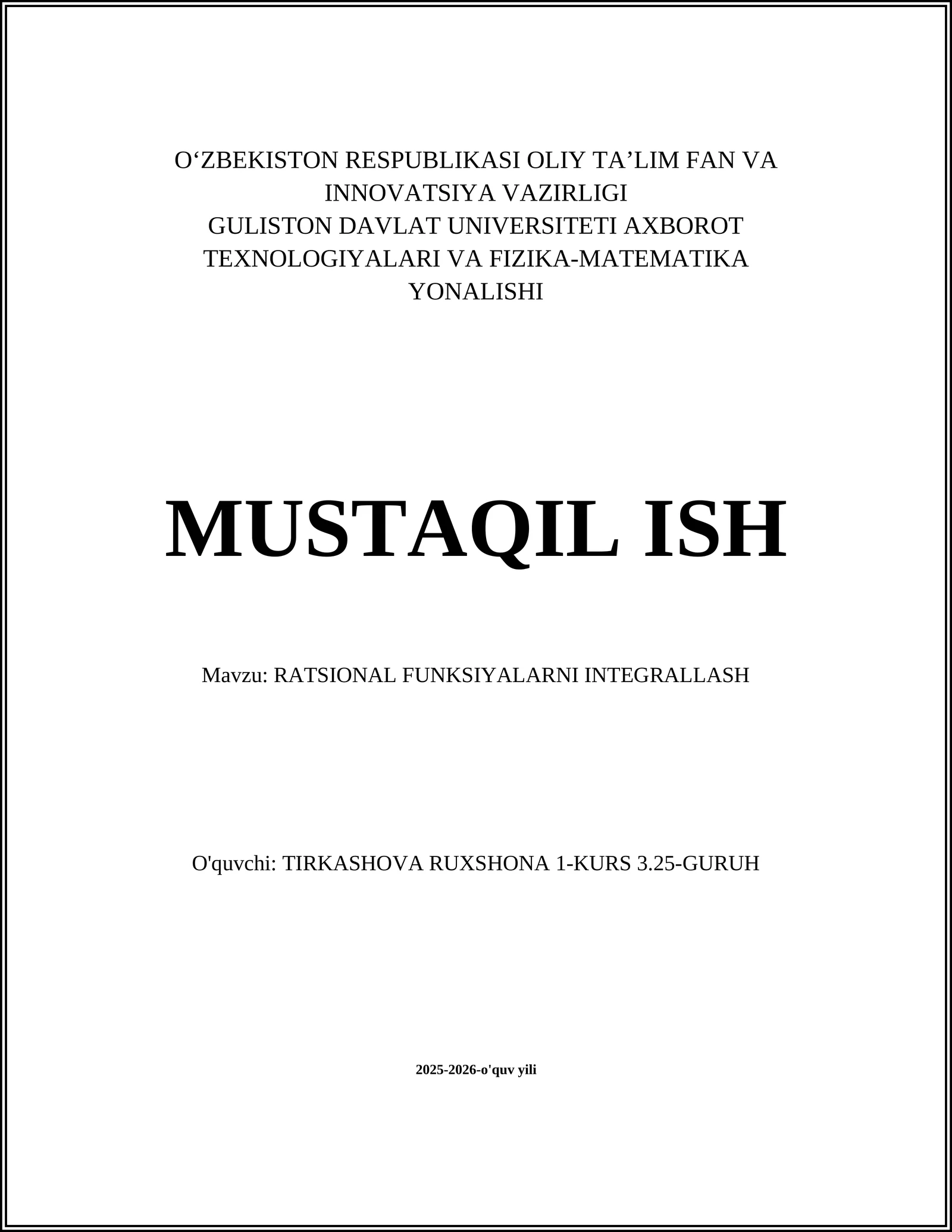 RATSIONAL FUNKSIYALARNI INTEGRALLASH
