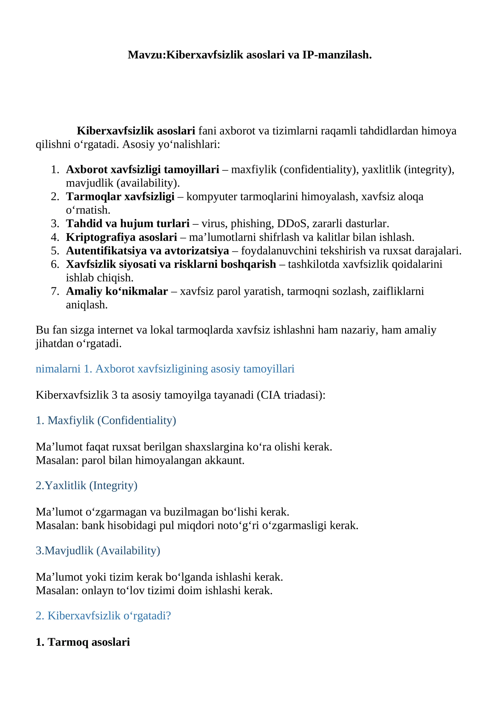 Kiberxavfsizlik asoslari va IP-manzilash