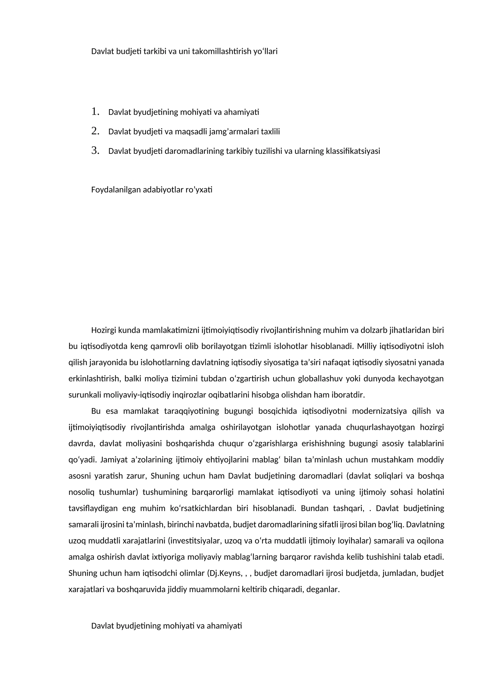 Davlat budjeti tarkibi va uni takomillashtirish yo‘llari