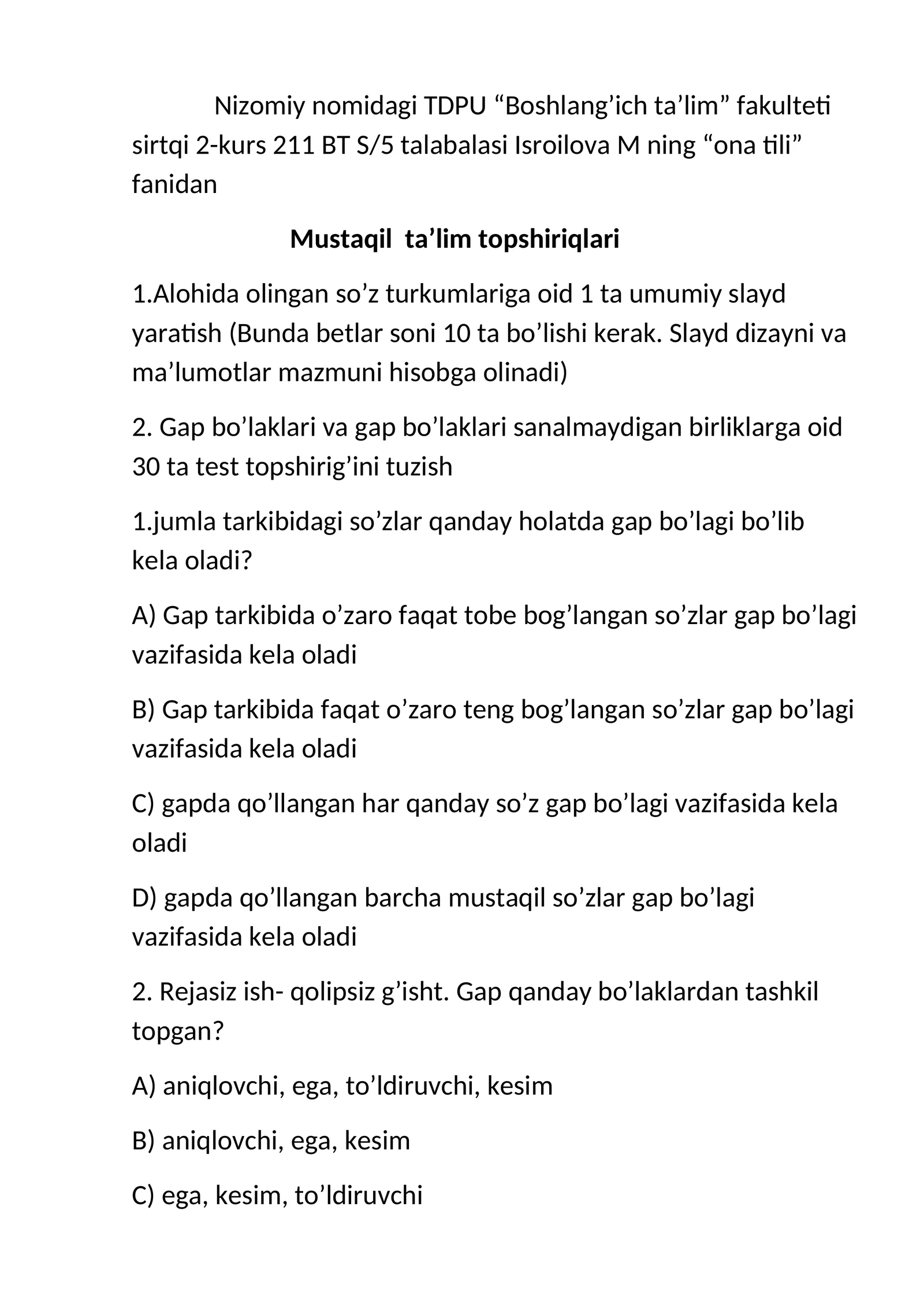 Ona tili fanidan Mustaqil ta’lim topshiriqlari