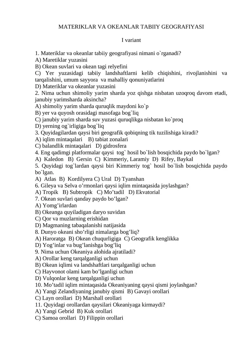 MATERIKLAR VA OKEANLAR TABIIY GEOGRAFIYASI