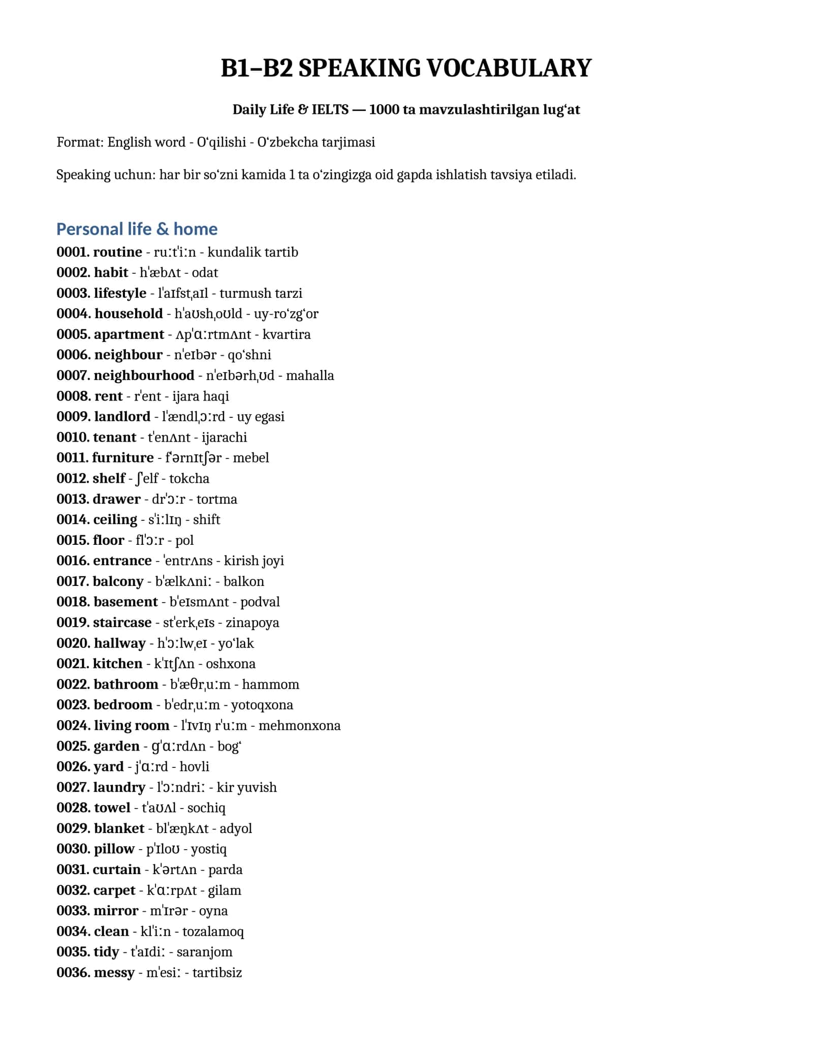 Speaking uchun 1000ta lugat daraja b1-b2