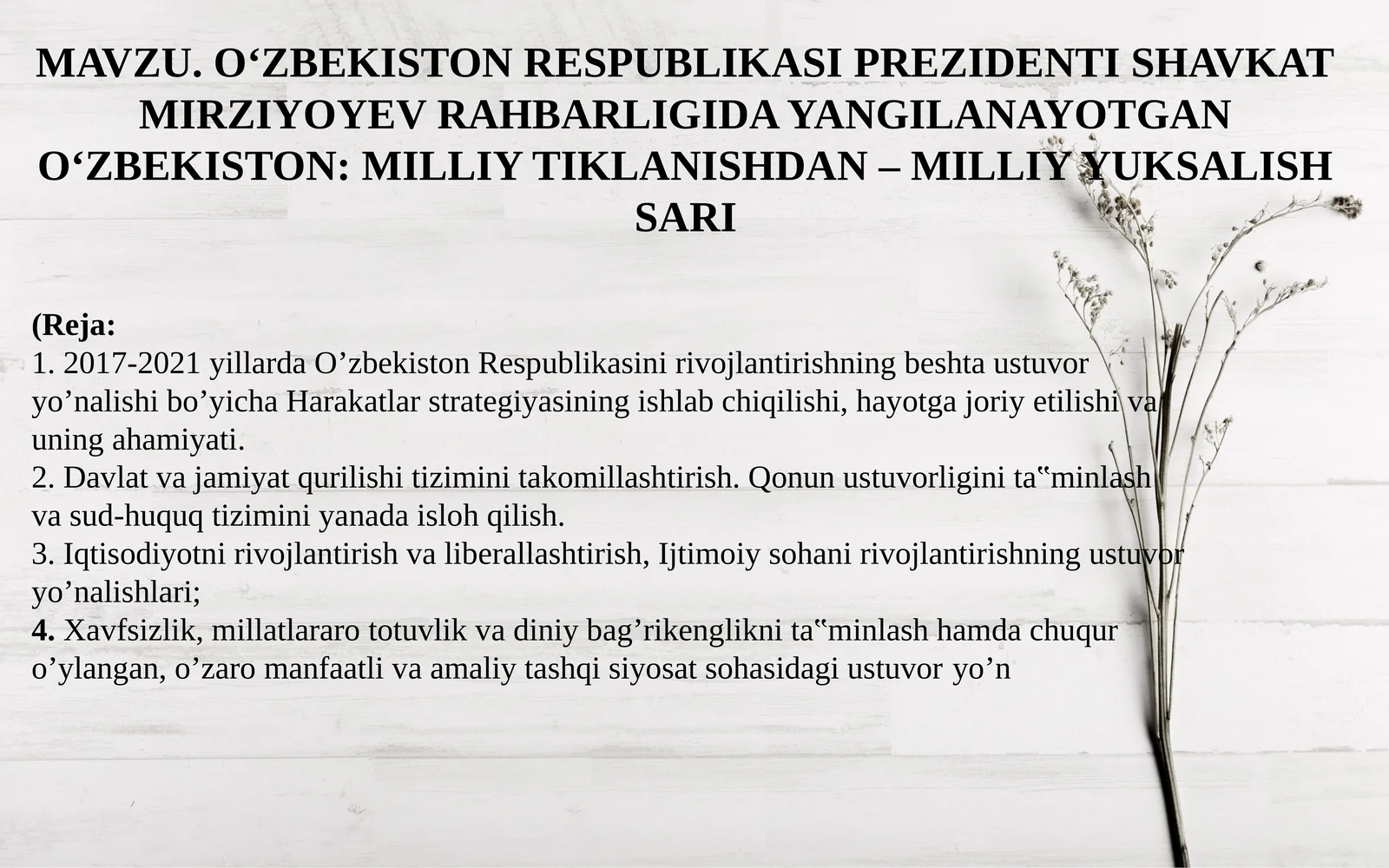 O‘ZBEKISTON: MILLIY TIKLANISHDAN – MILLIY YUKSALISH SARI