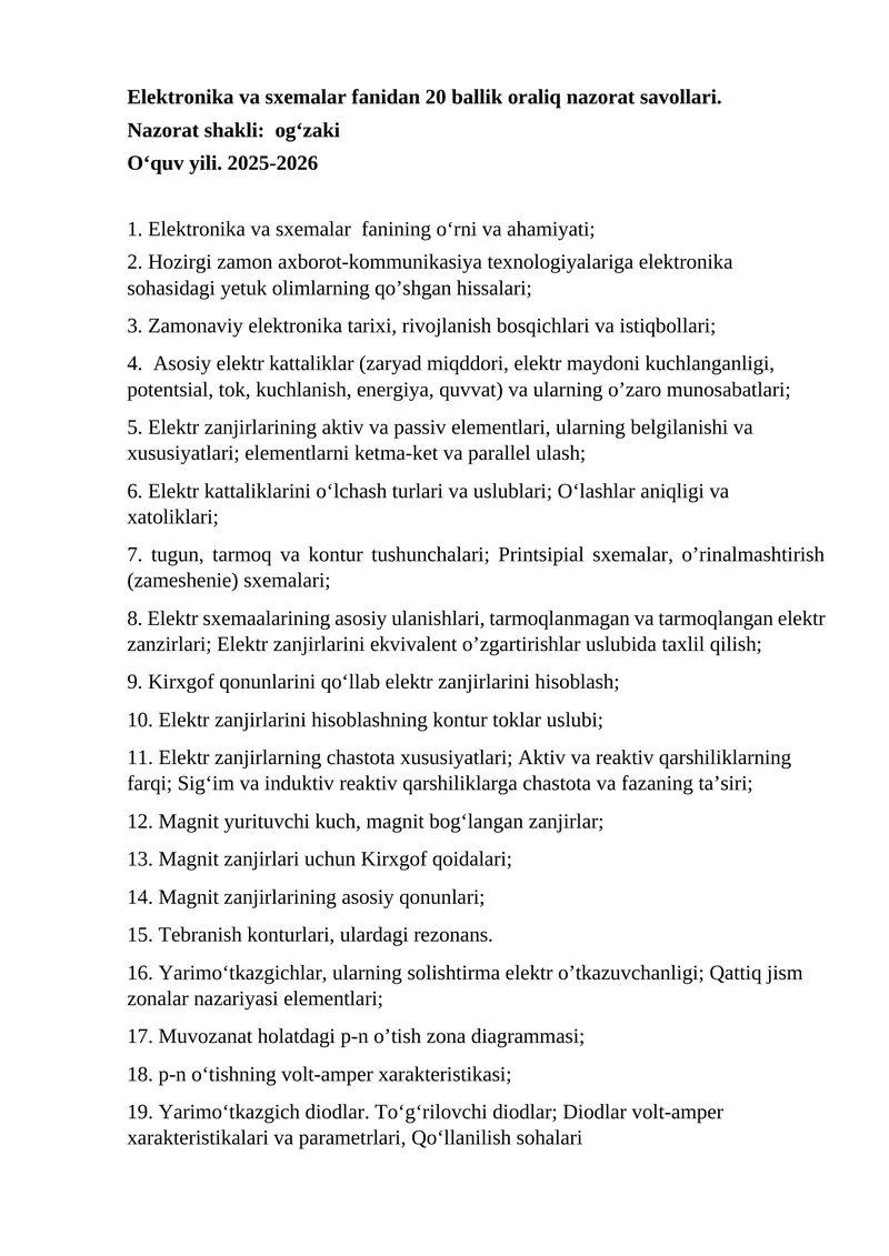 Elektronika va sxemalar Fanidan 20 Ballik Oraliq nazorat Savollari