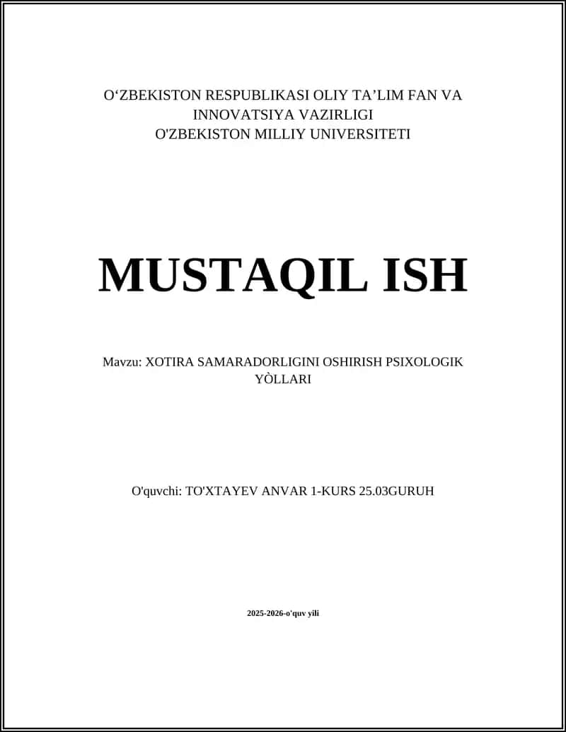 XOTIRA SAMARADORLIGINI OSHIRISH PSIXOLOGIK YÒLLARI