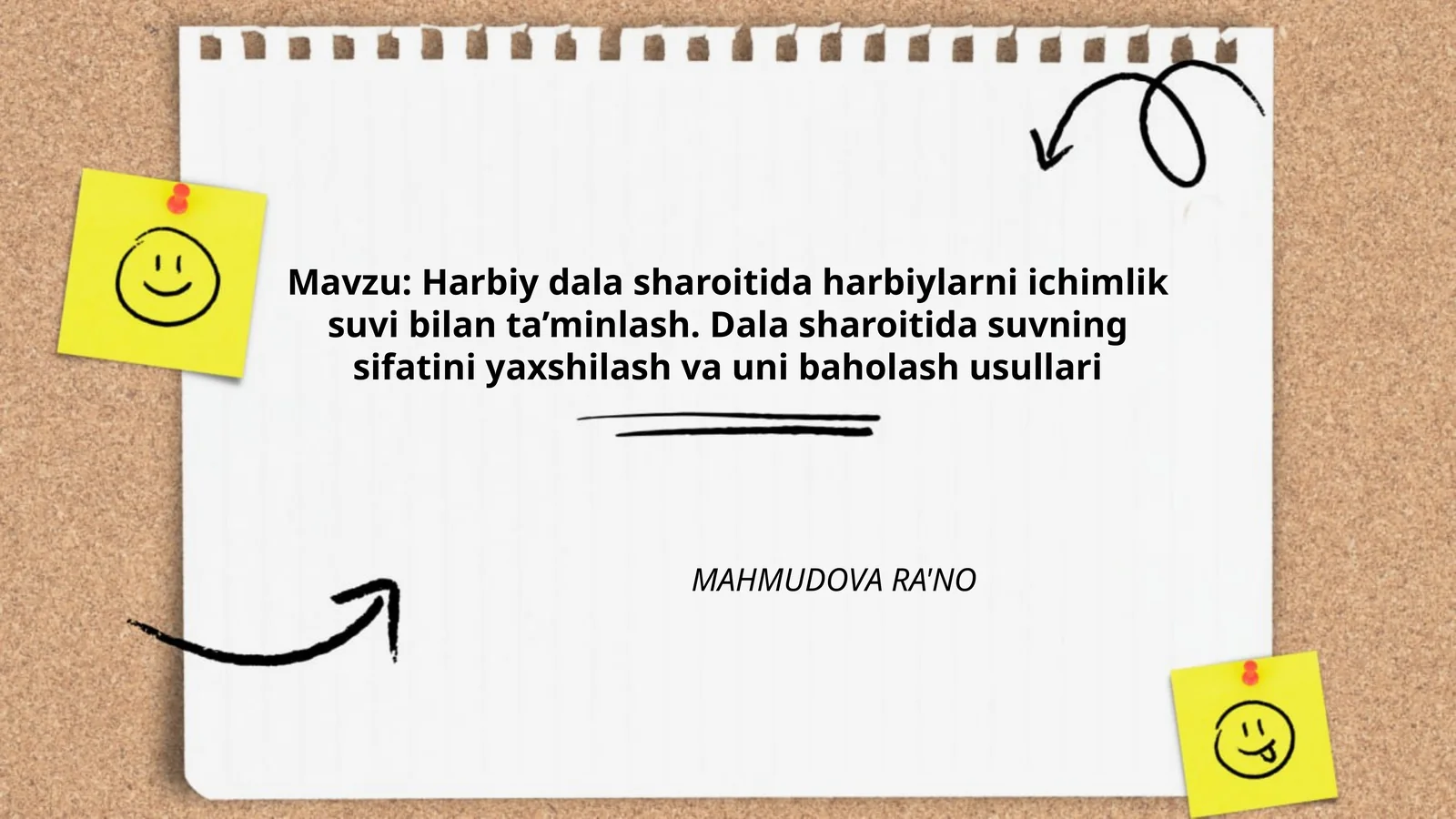 Harbiy dala sharoitida harbiylarni ichimlik suvi bilan ta’minlash. Dala sharoitida suvning sifatini yaxshilash va uni baholash usullari