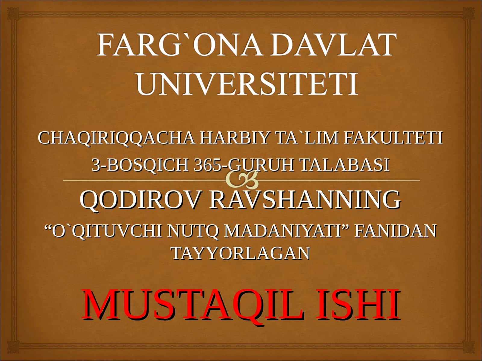 O`qituvchi nutq madaniyati fanidan tayyorlagan mustaqil ishi
