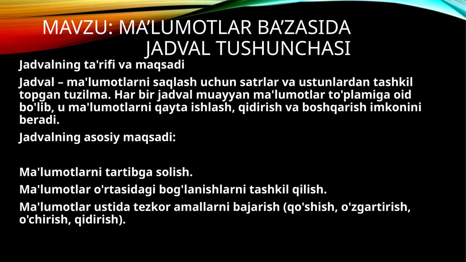 Ma’lumotlar ba’zasida jadval tushunchasi